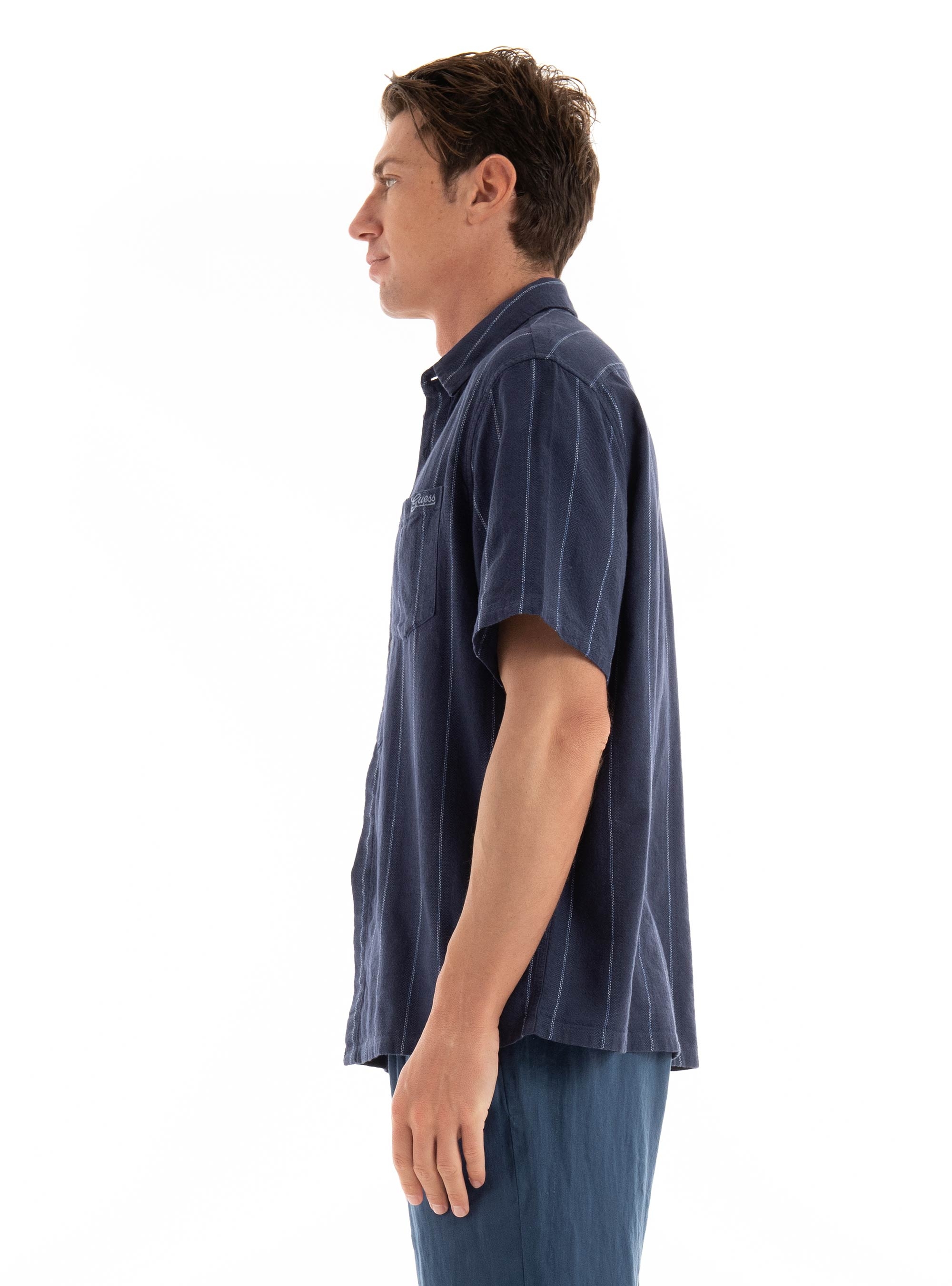 Guess Boxy Striped Textured Shirt - Blue