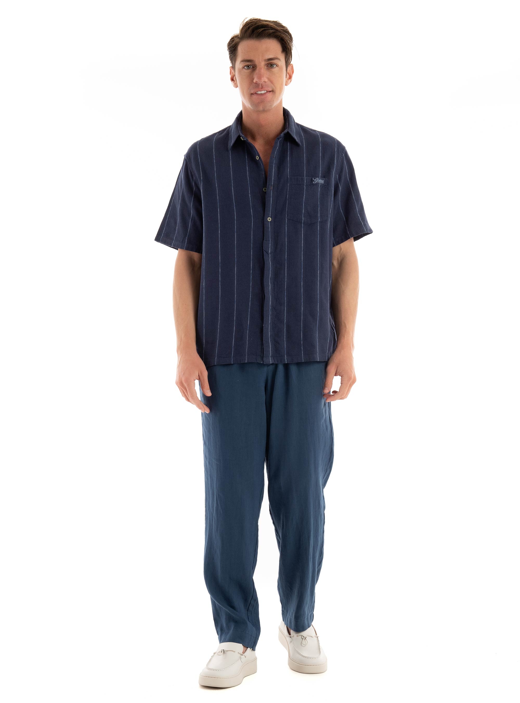 Guess Boxy Striped Textured Shirt - Blue