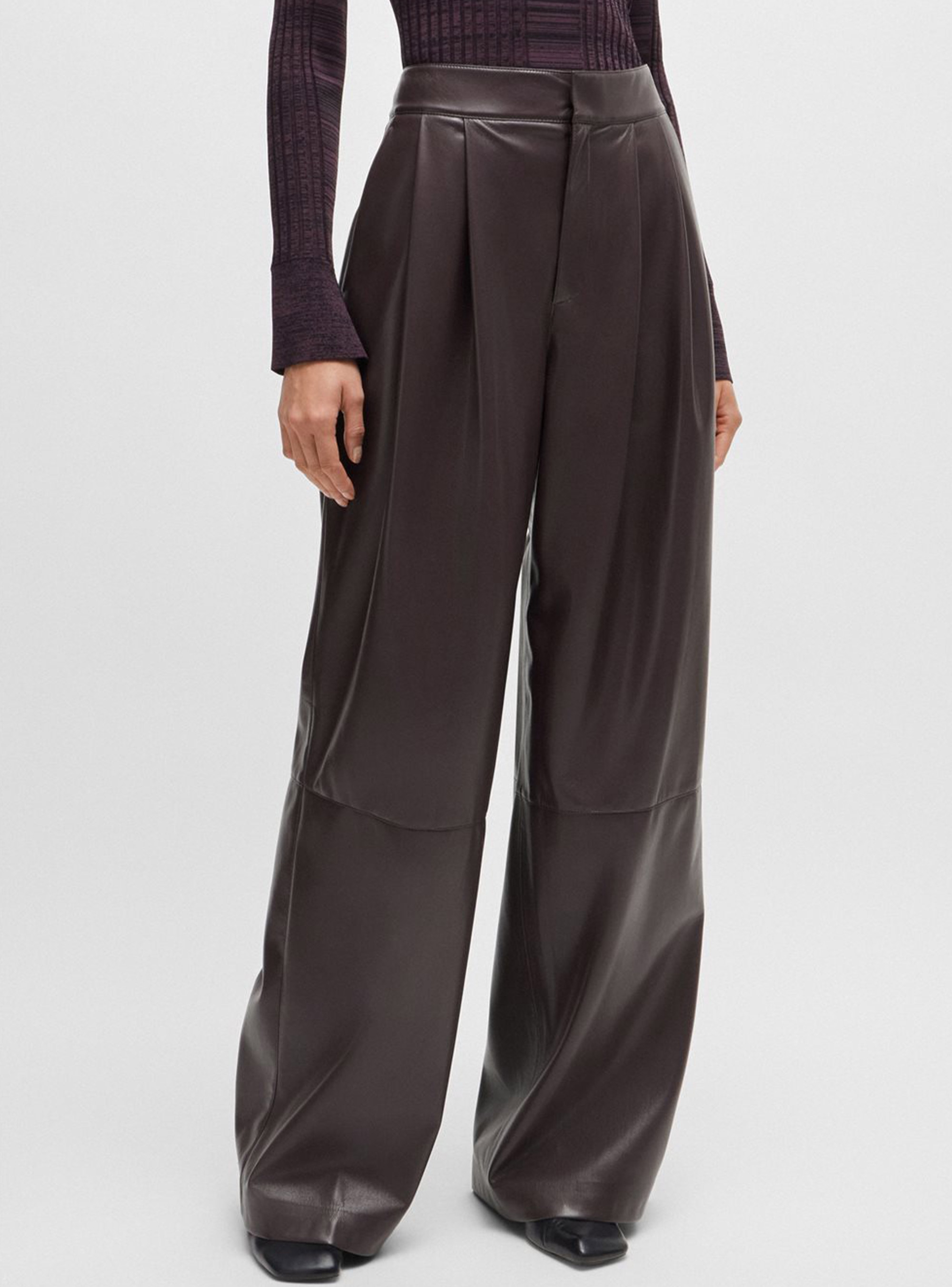 BOSS Faux-Leather Pleated Trousers Tadesa - Dark Brown