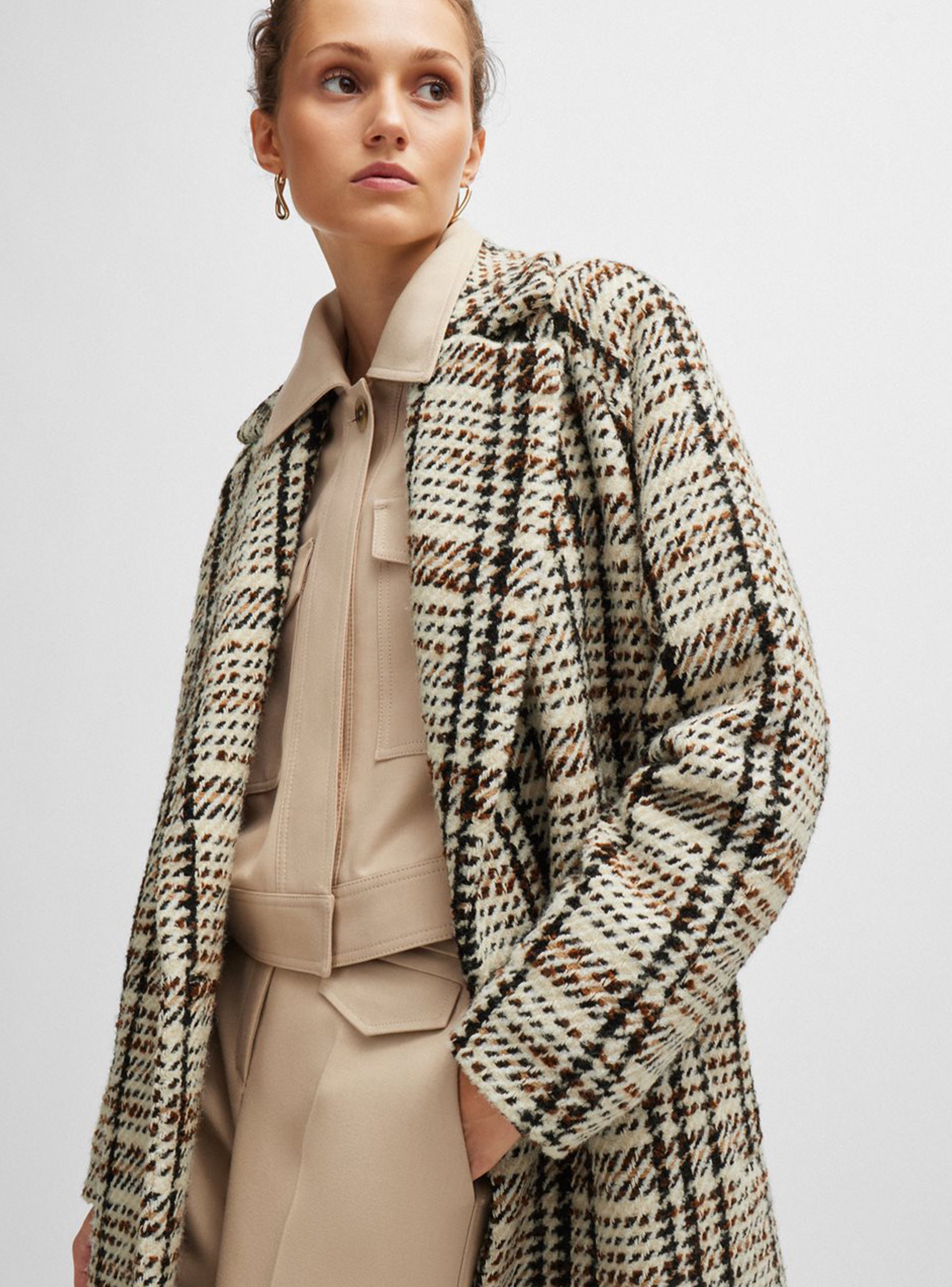 BOSS Oversized Checked Coat Calorena - Beige