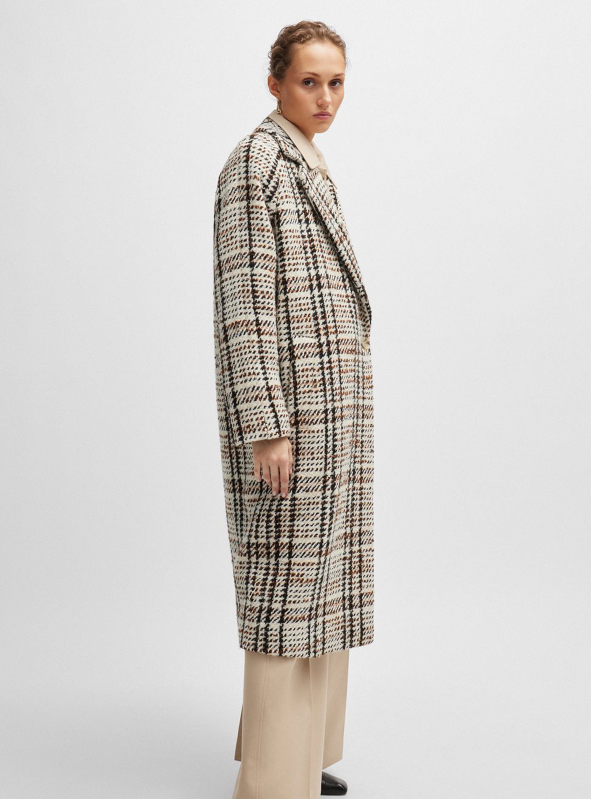 BOSS Oversized Checked Coat Calorena - Beige