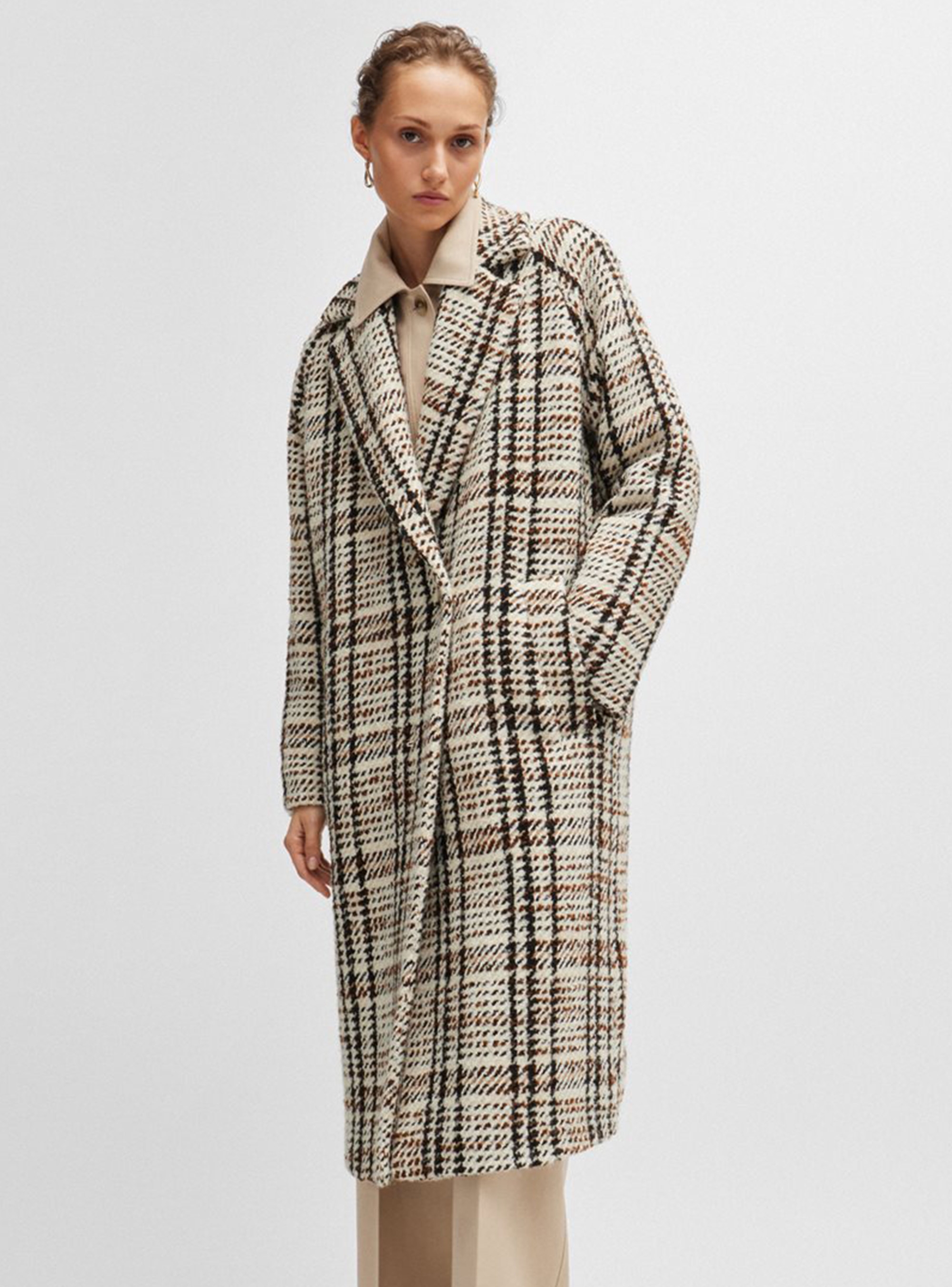 BOSS Oversized Checked Coat Calorena - Beige