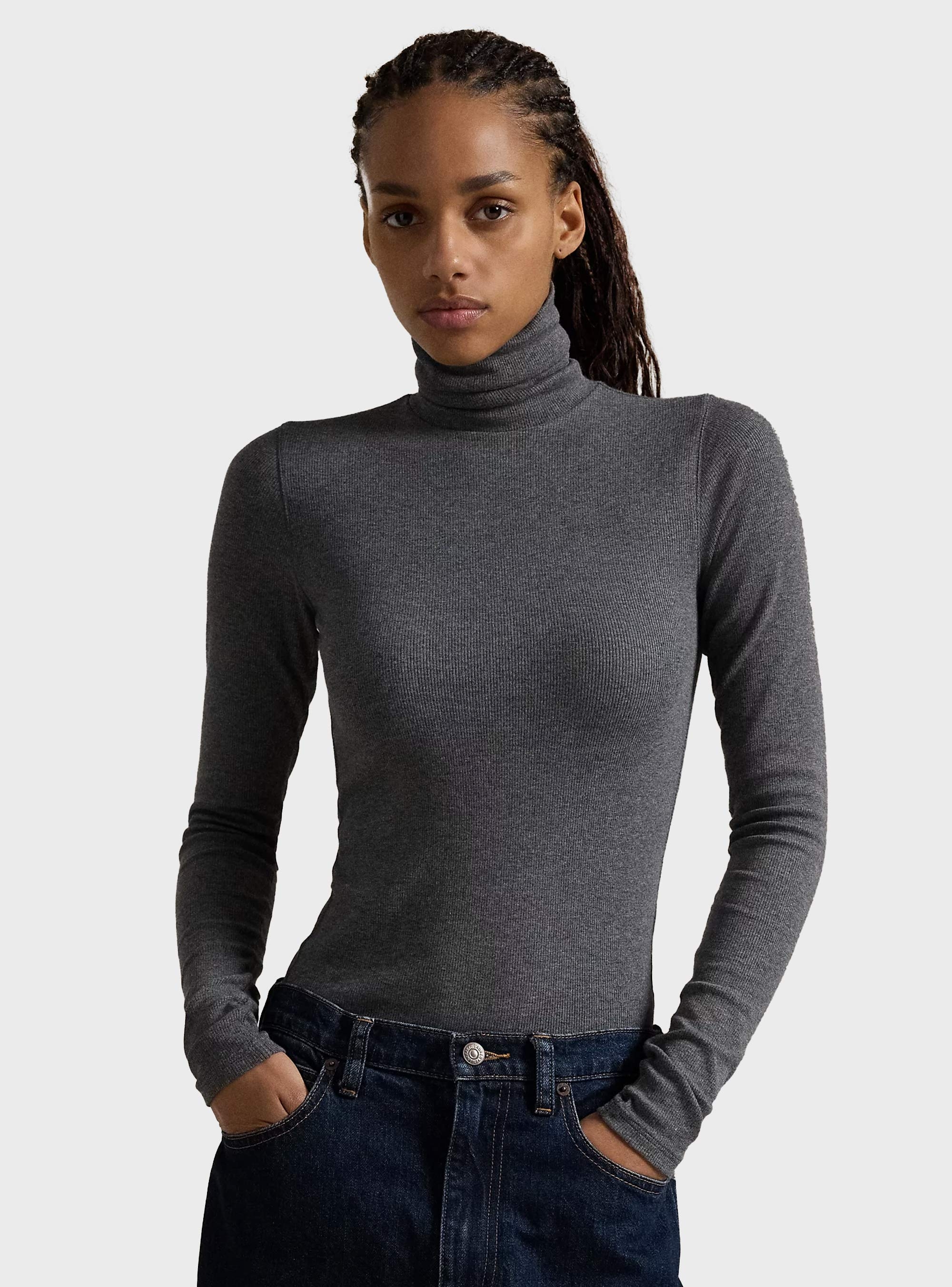 Polo Ralph Lauren Stretch Rib-Knit Roll Neck - Grey Melange