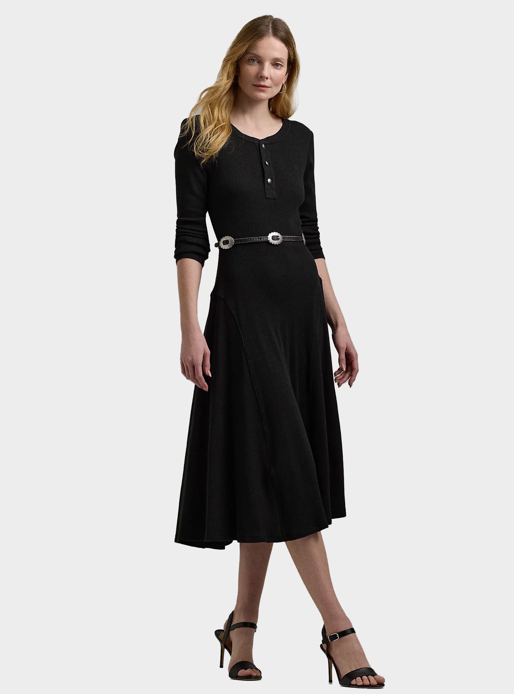 LAUREN Ralph Lauren Belted Waffle-Knit Cotton Henley Dress - Black