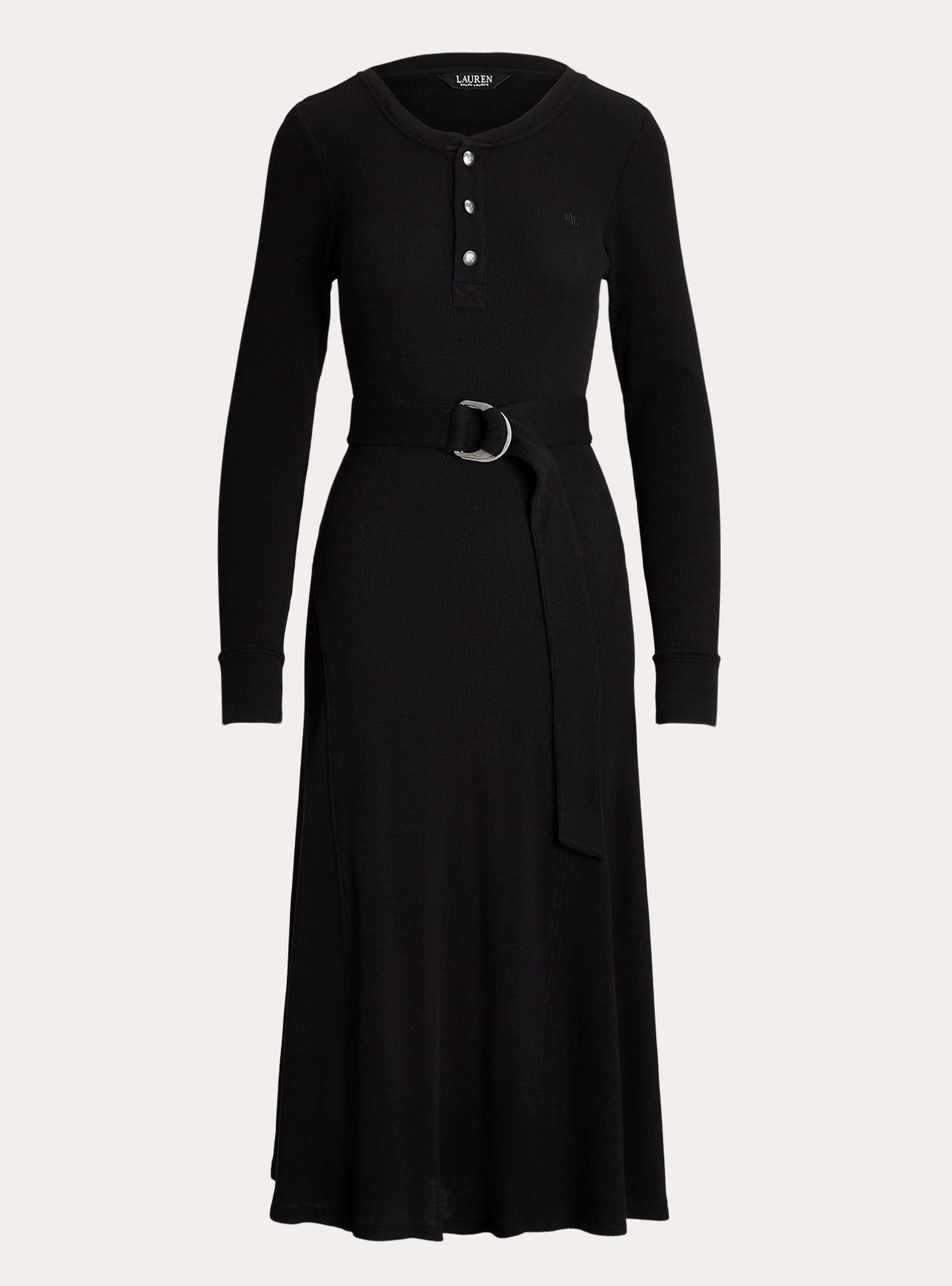 LAUREN Ralph Lauren Belted Waffle-Knit Cotton Henley Dress - Black