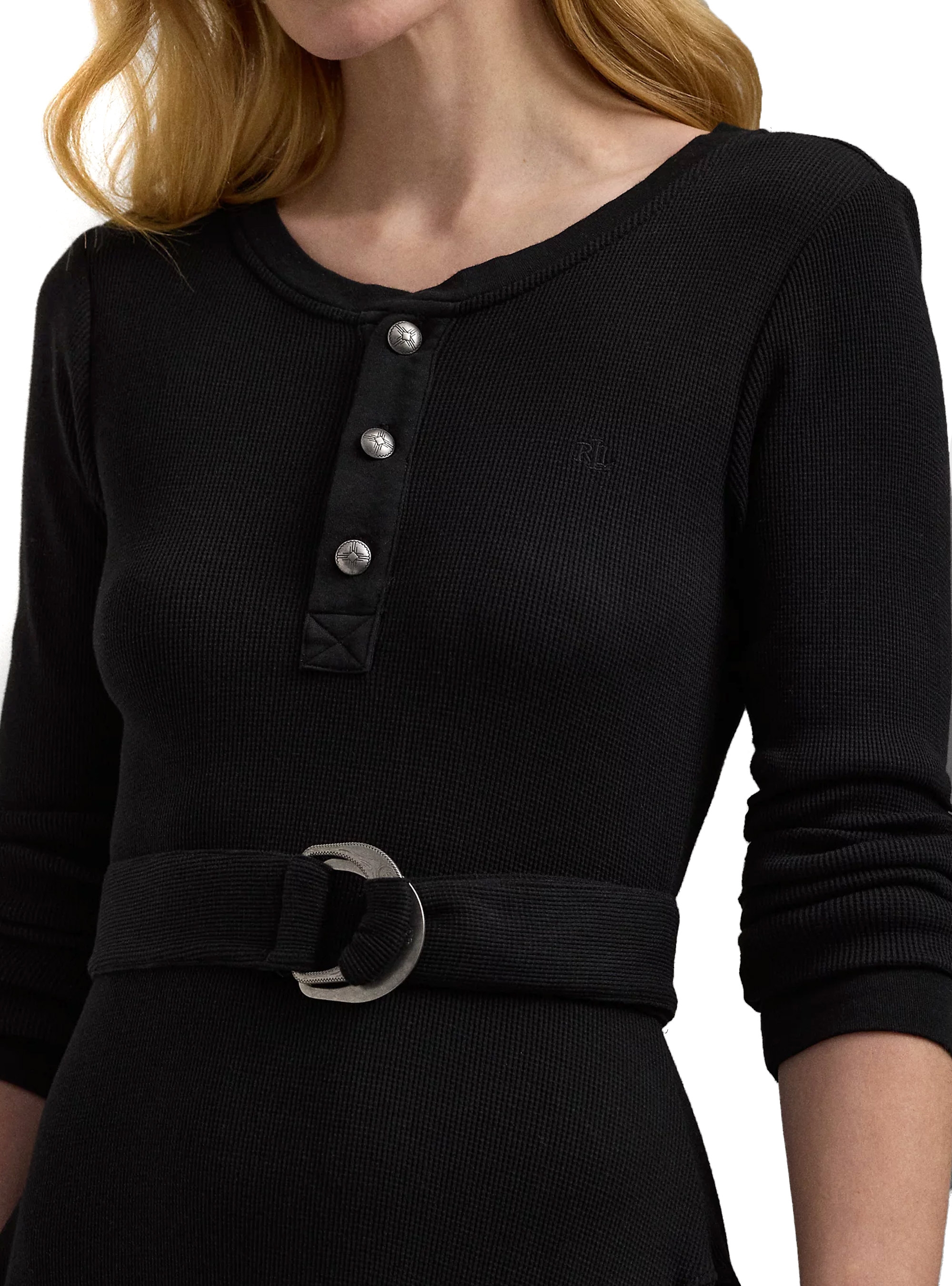 LAUREN Ralph Lauren Belted Waffle-Knit Cotton Henley Dress - Black