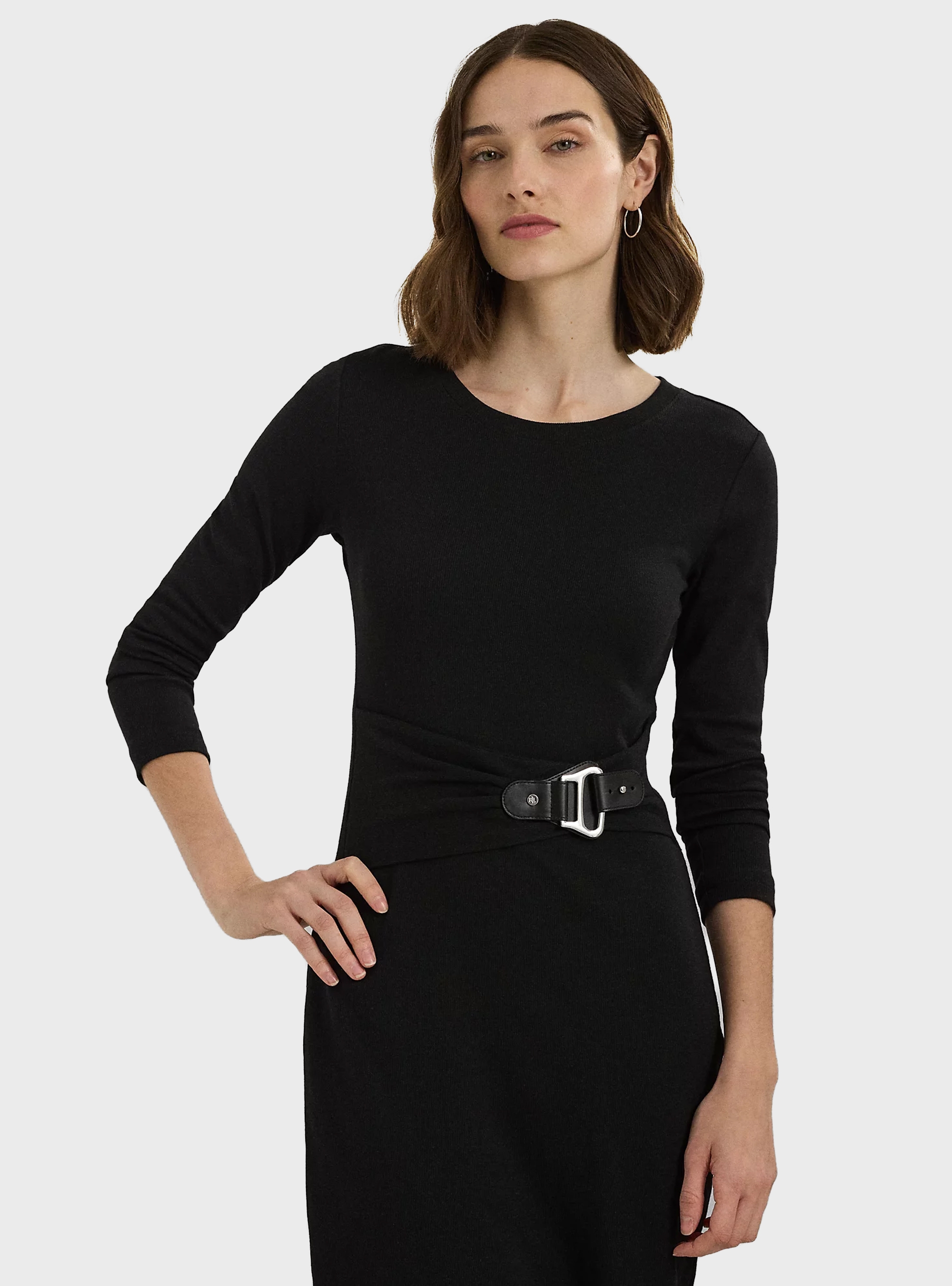 LAUREN Ralph Lauren Buckle-Trim Cotton-Blend Knit Midi Dress - Black