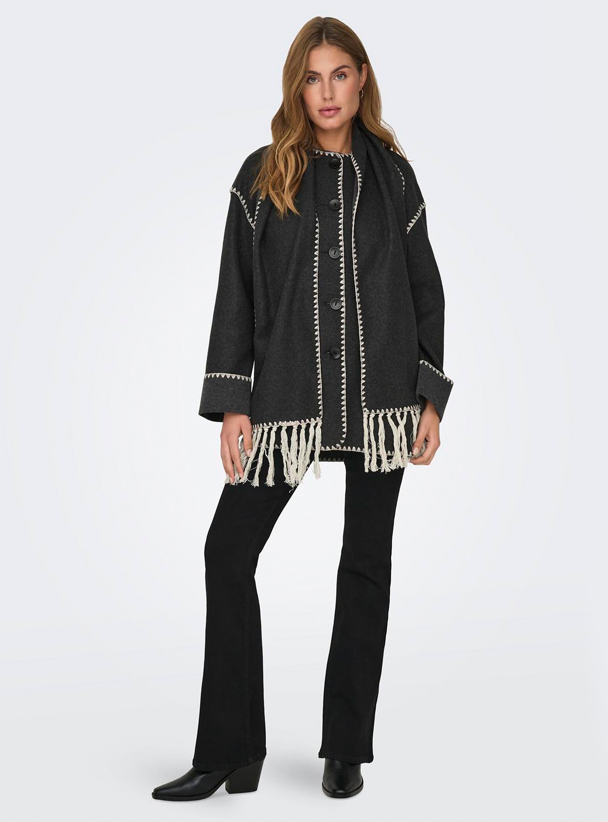 Only Elba Scallop Edge Scarf Coat - Dark Grey Melange