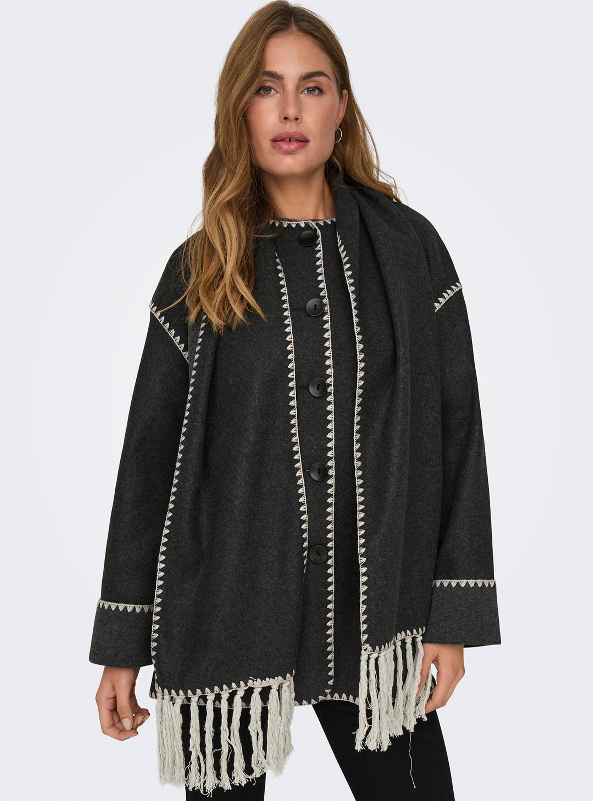 Only Elba Scallop Edge Scarf Coat - Dark Grey Melange