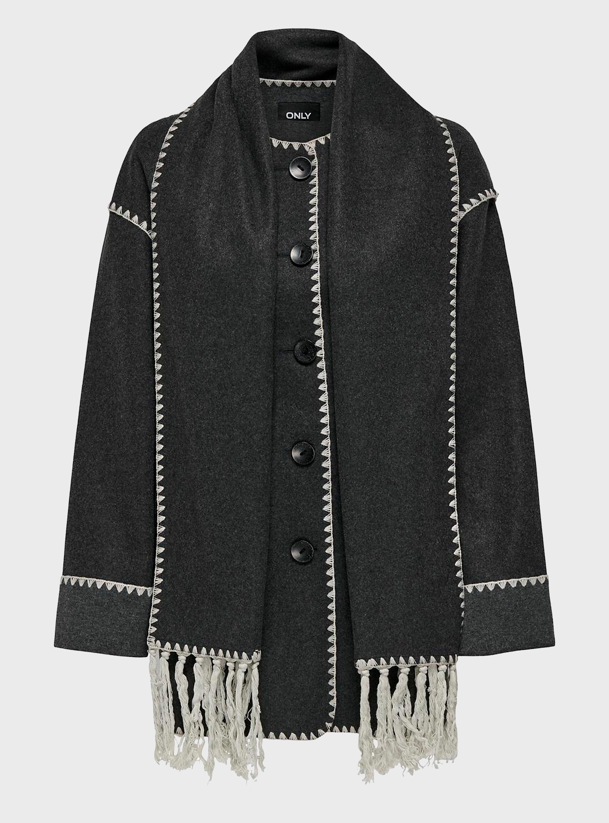 Only Elba Scallop Edge Scarf Coat - Dark Grey Melange