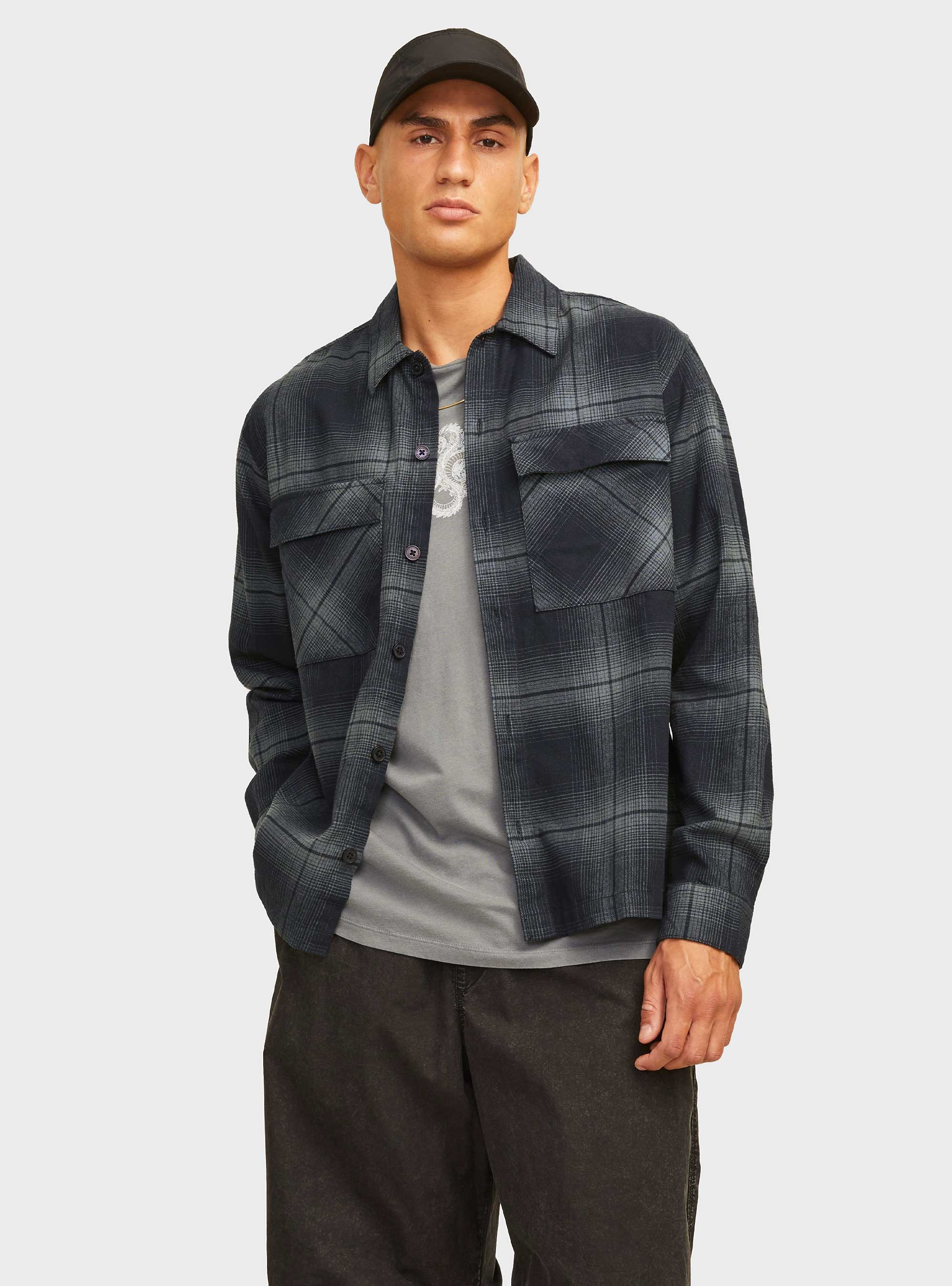 Jack & Jones Jcocharlie Check Overshirt - Grey