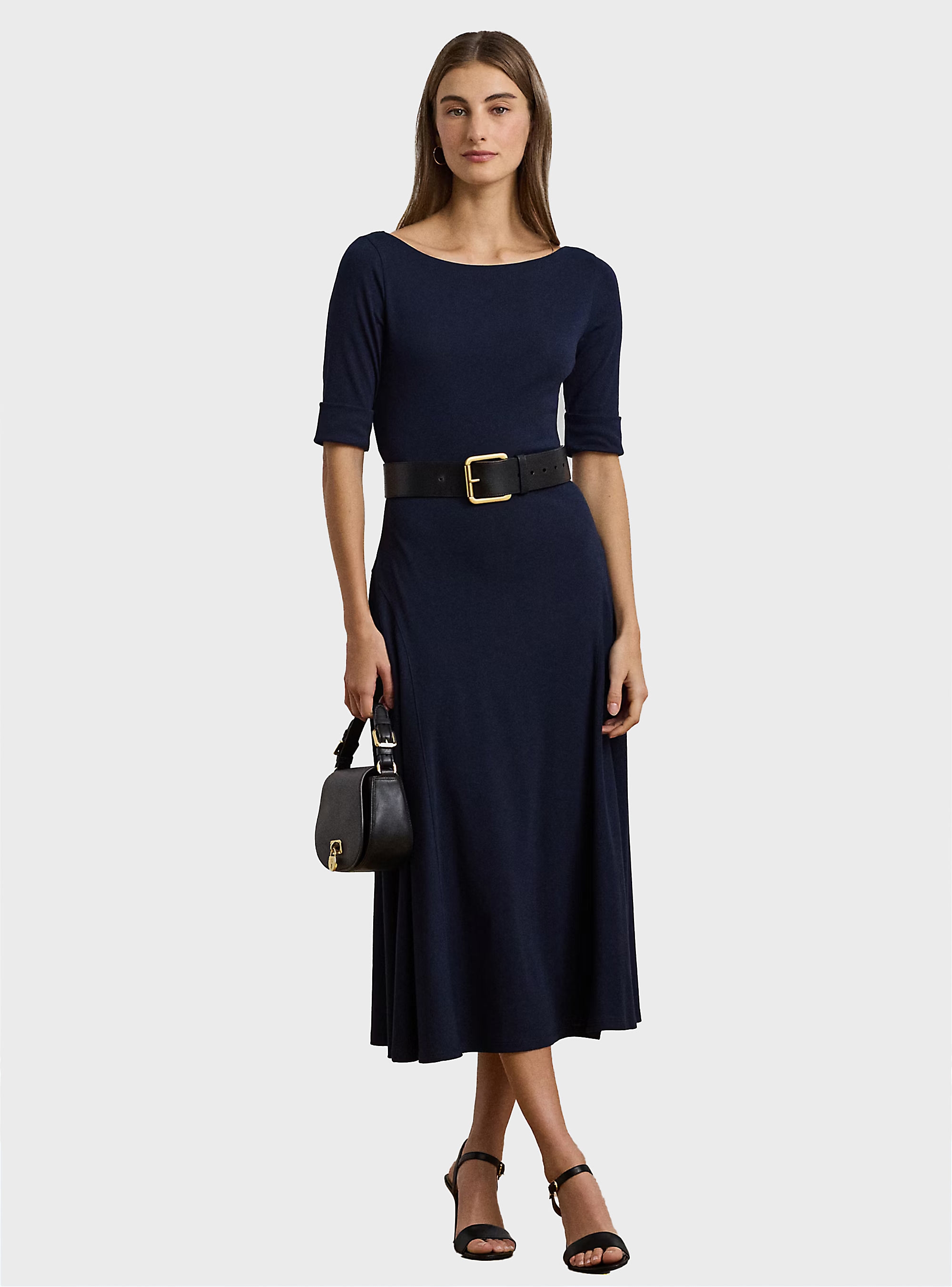 LAUREN Ralph Lauren Stretch Cotton Midi Dress - Navy