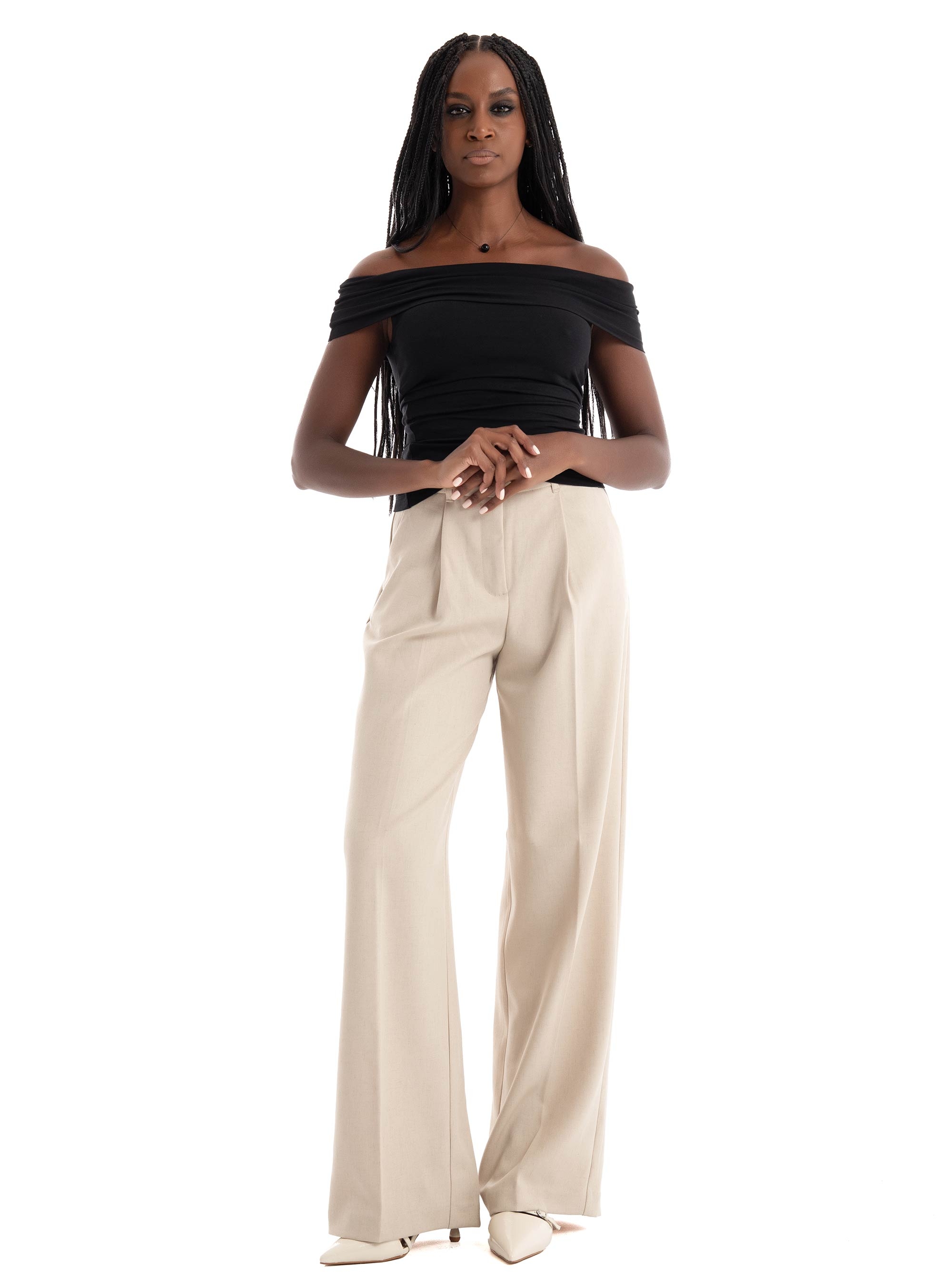 JJXX Ellis Structured Wide High Waist Pants - Beige