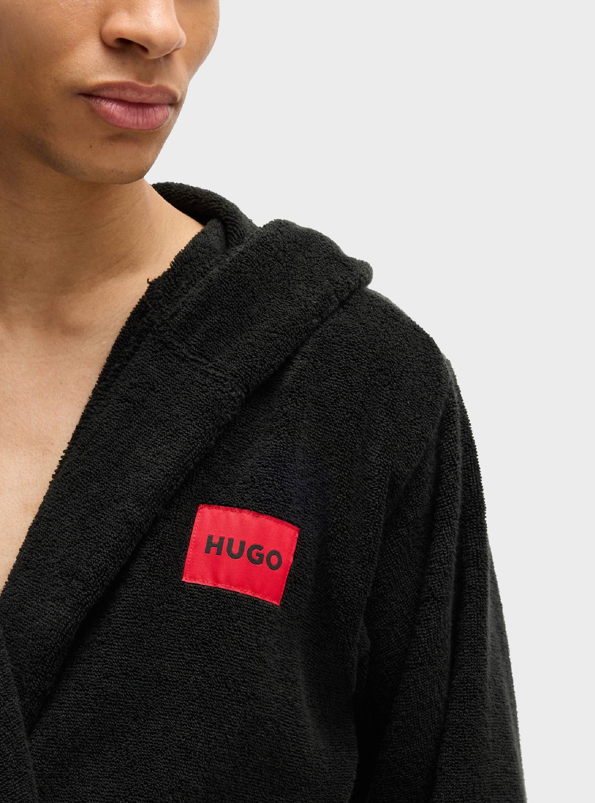 HUGO Dressing Gown With Red Logo Label Terry Gown Hooded - Black