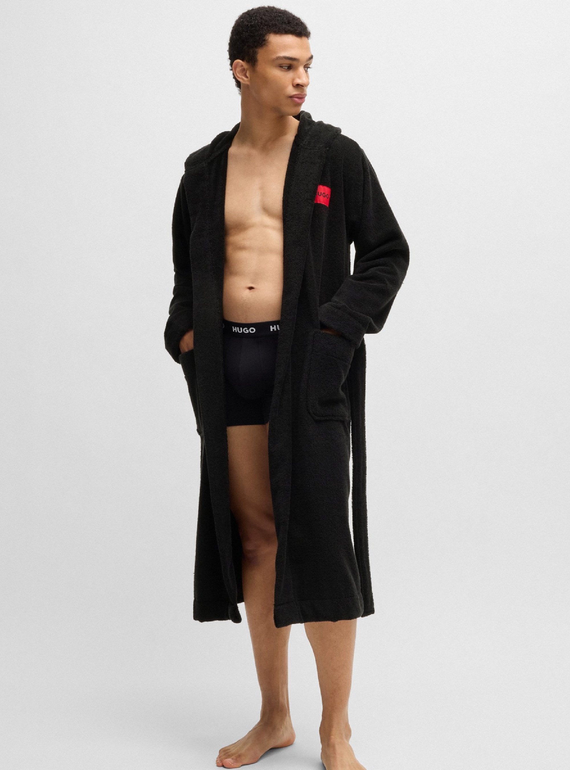 HUGO Dressing Gown With Red Logo Label Terry Gown Hooded - Black