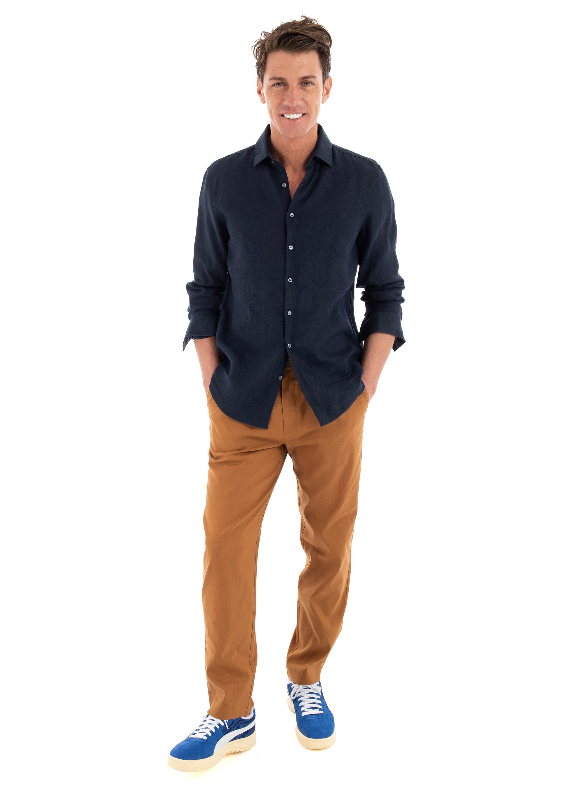 Calvin Klein Linen Lyocell Stretch Tapered Pants - Camel