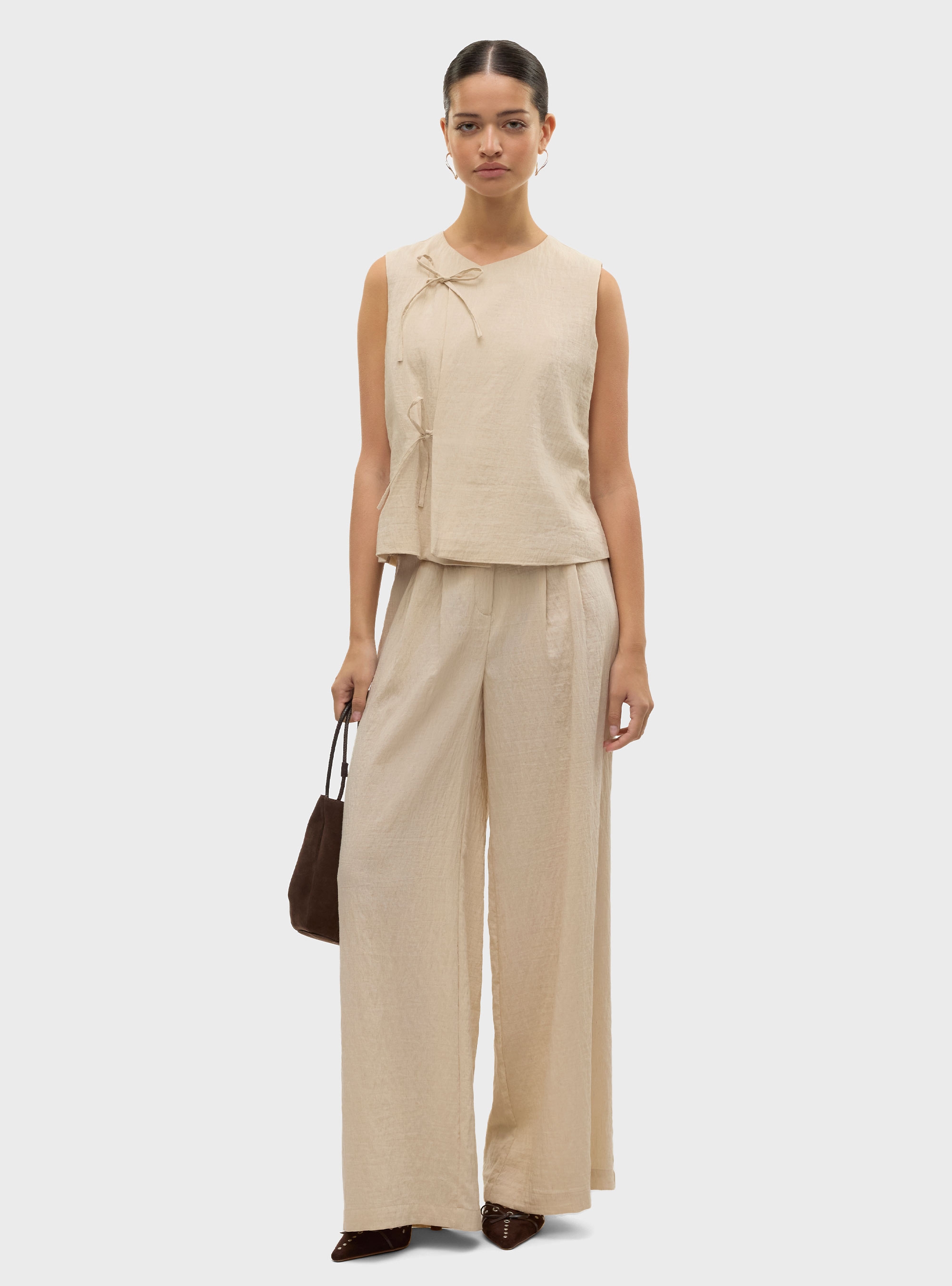VERO MODA FEA MID WAIST PALAZZO PANTS - Light Beige