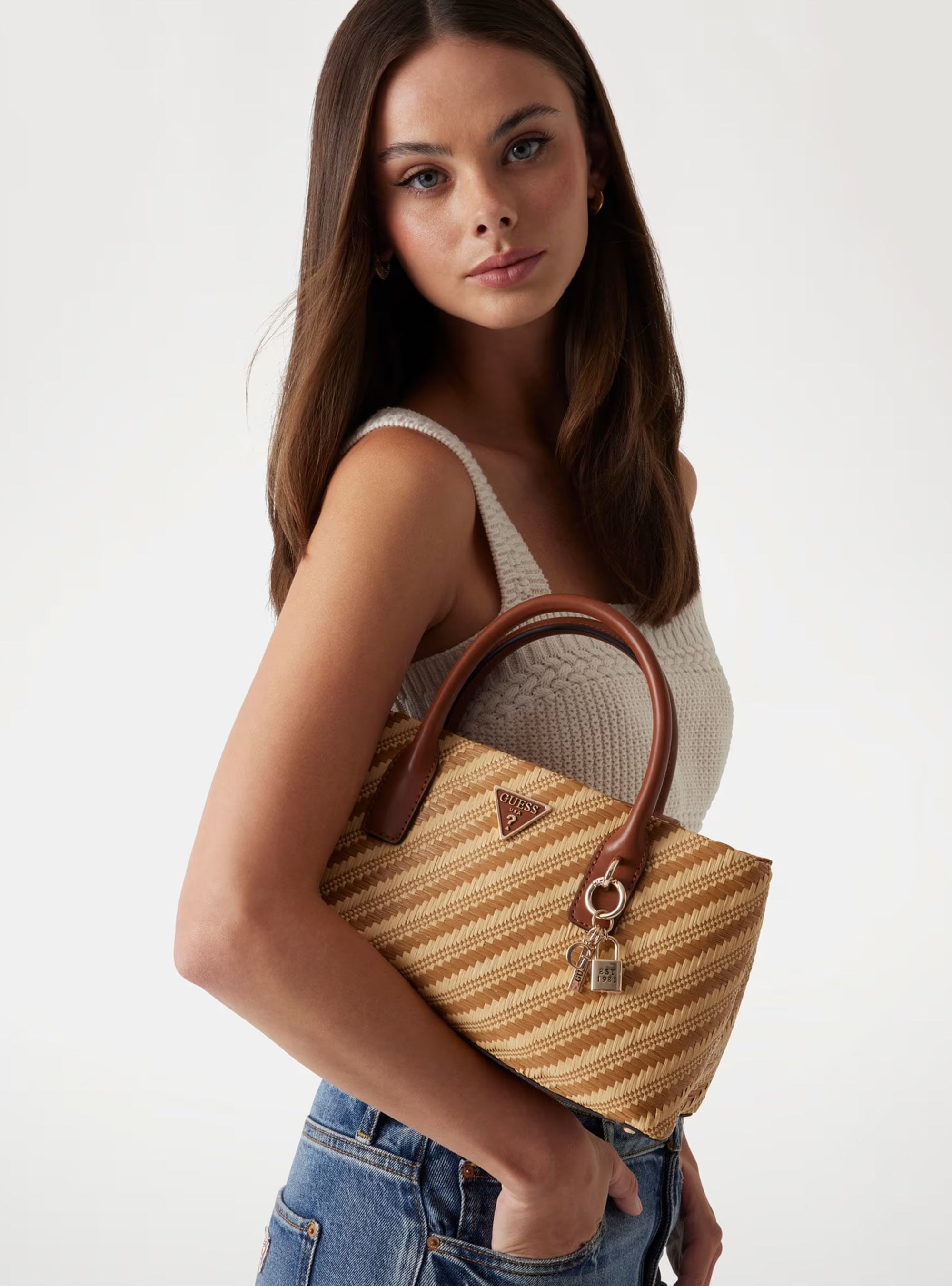 Guess Simona Raffia Handbag - Natural
