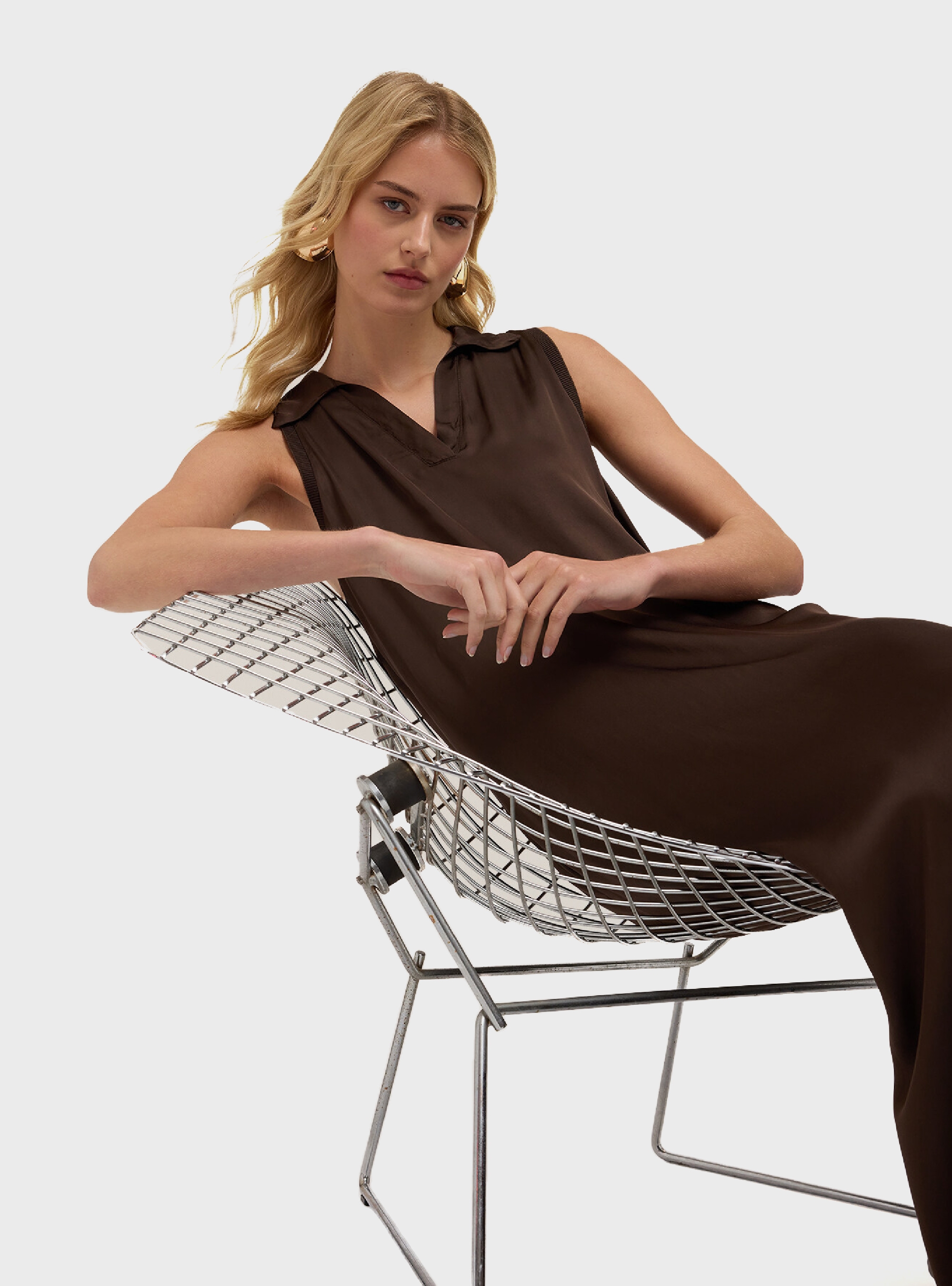 motivi Long dress with satin collar - Brown