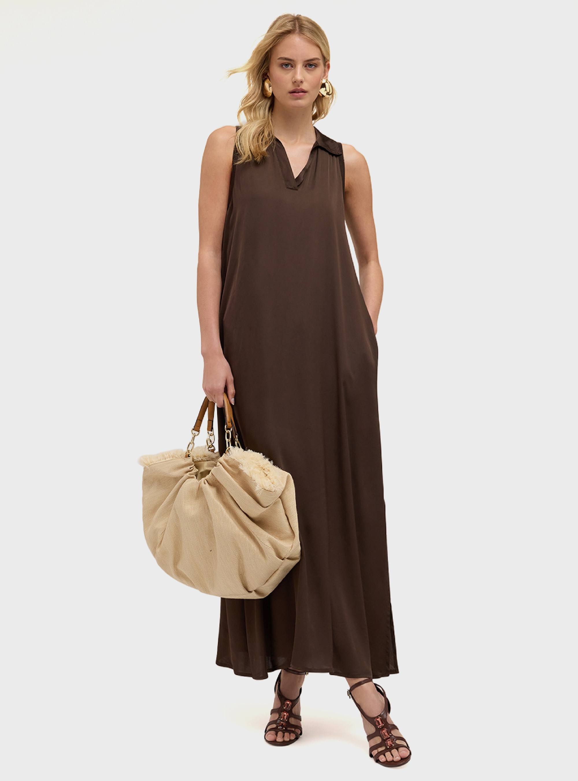 motivi Long dress with satin collar - Brown