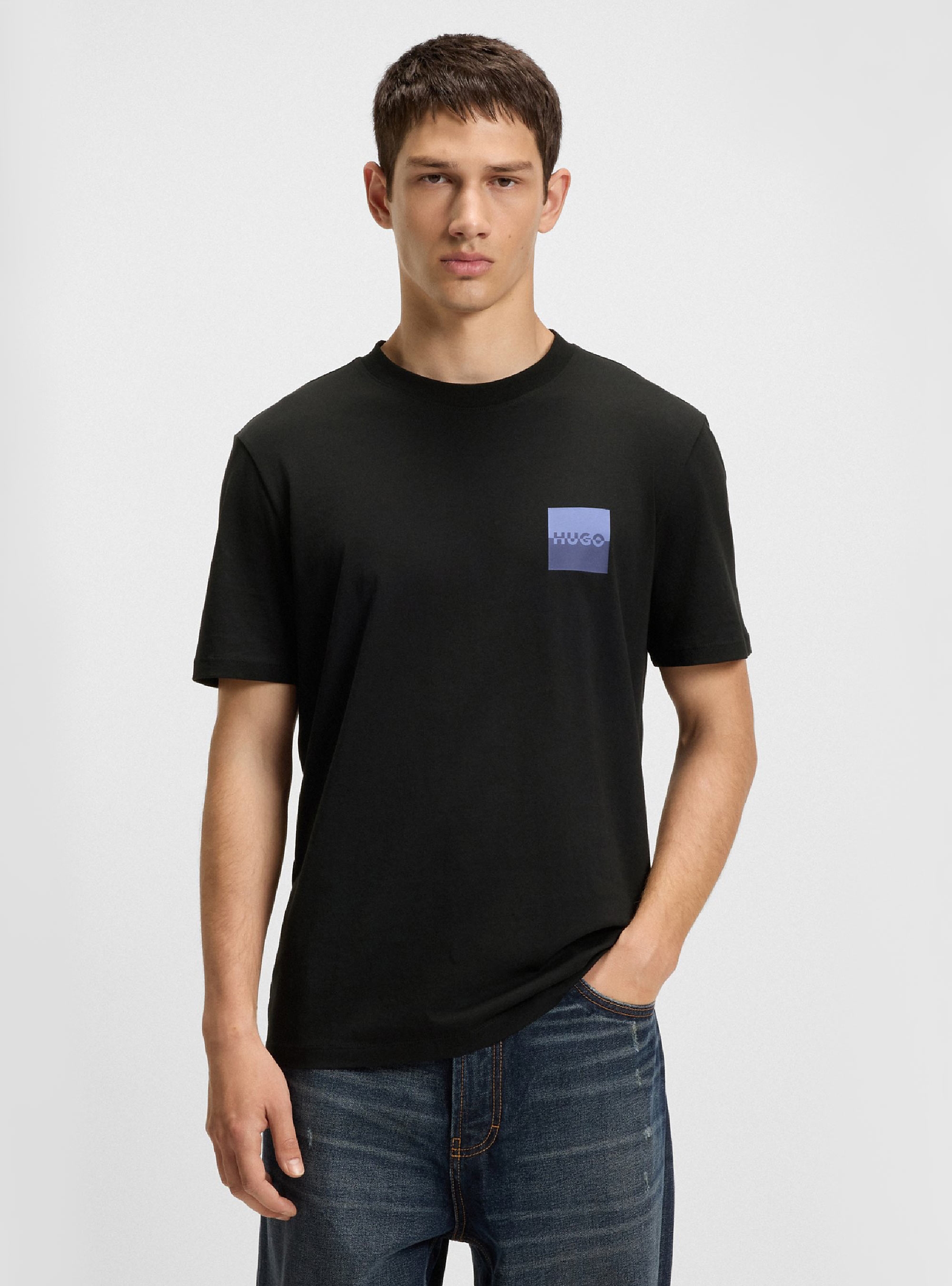 HUGO Cotton-Jersey T-Shirt With Split-Logo Print  Dapusi - Black