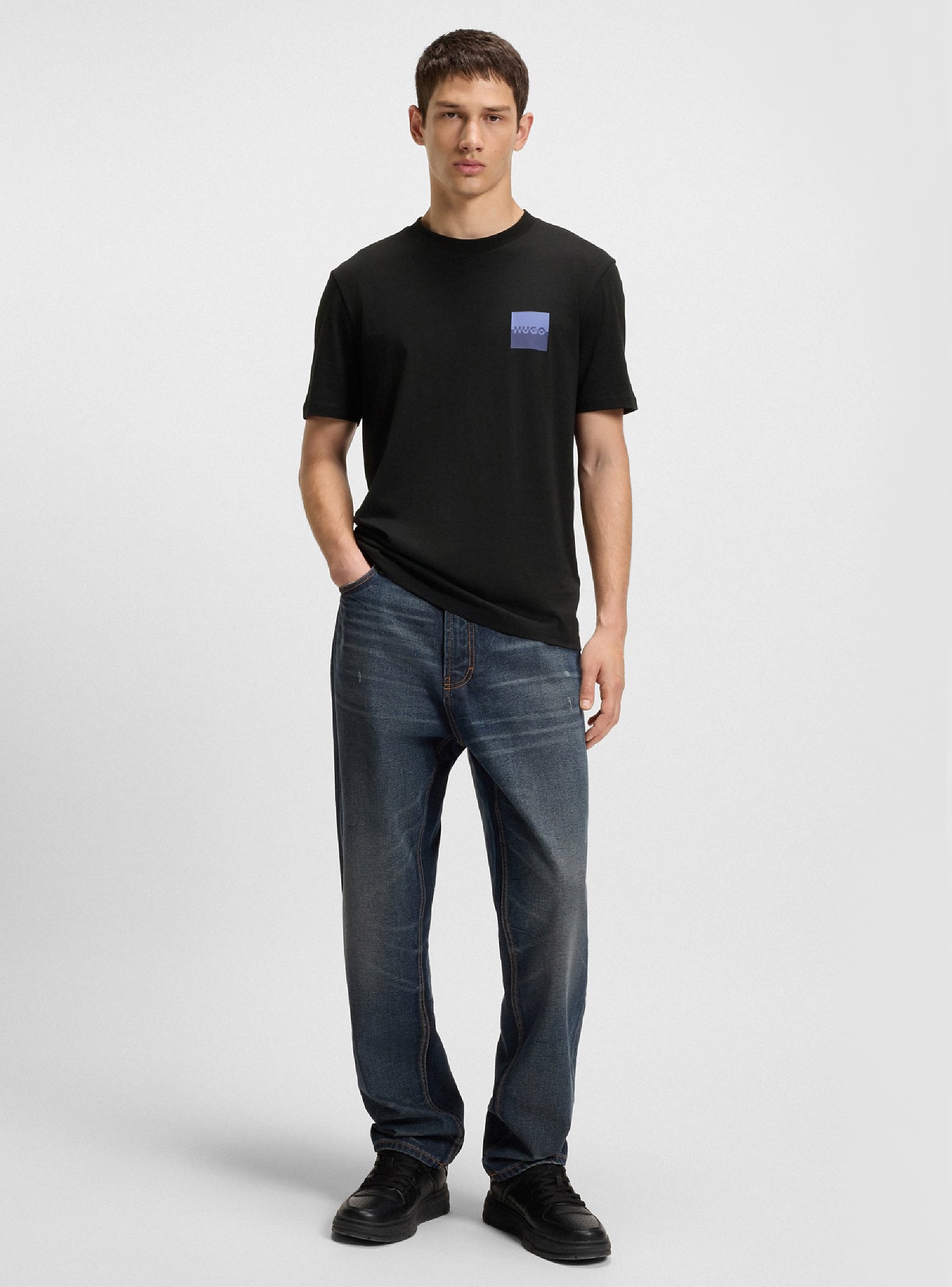 HUGO Cotton-Jersey T-Shirt With Split-Logo Print  Dapusi - Black