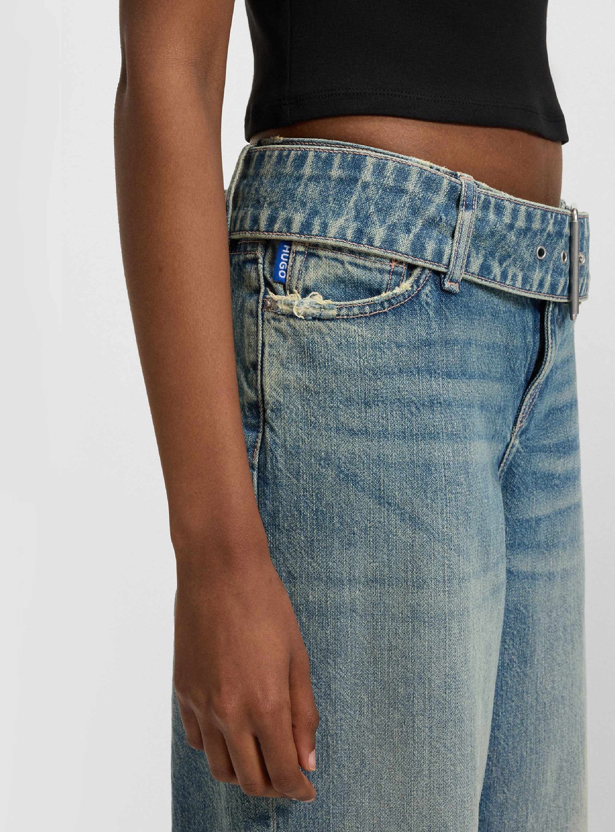 HUGO Baggy-Fit Jeans With Denim Belt Glory_B - Medium Aged Denim