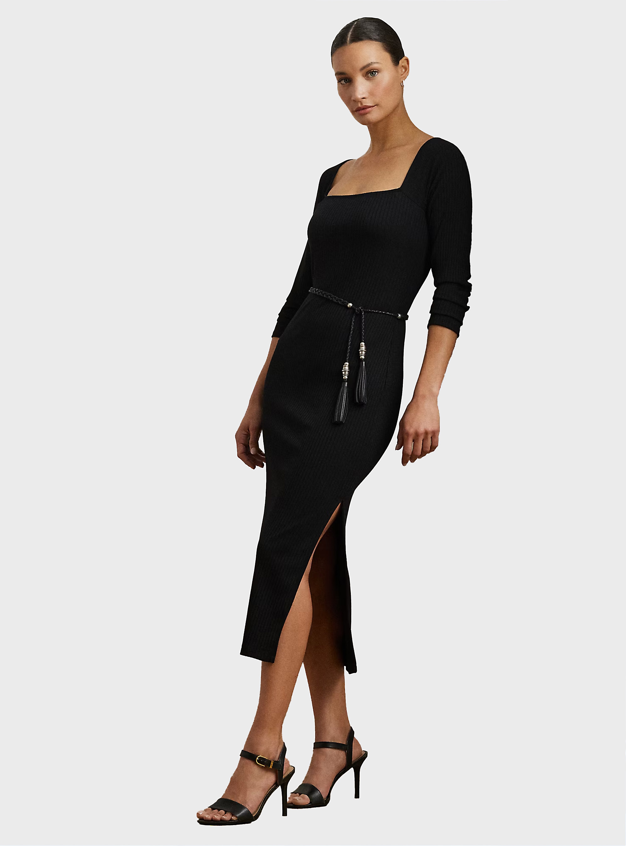 LAUREN Ralph Lauren Rib-Knit Long-Sleeve Midi Dress - Black