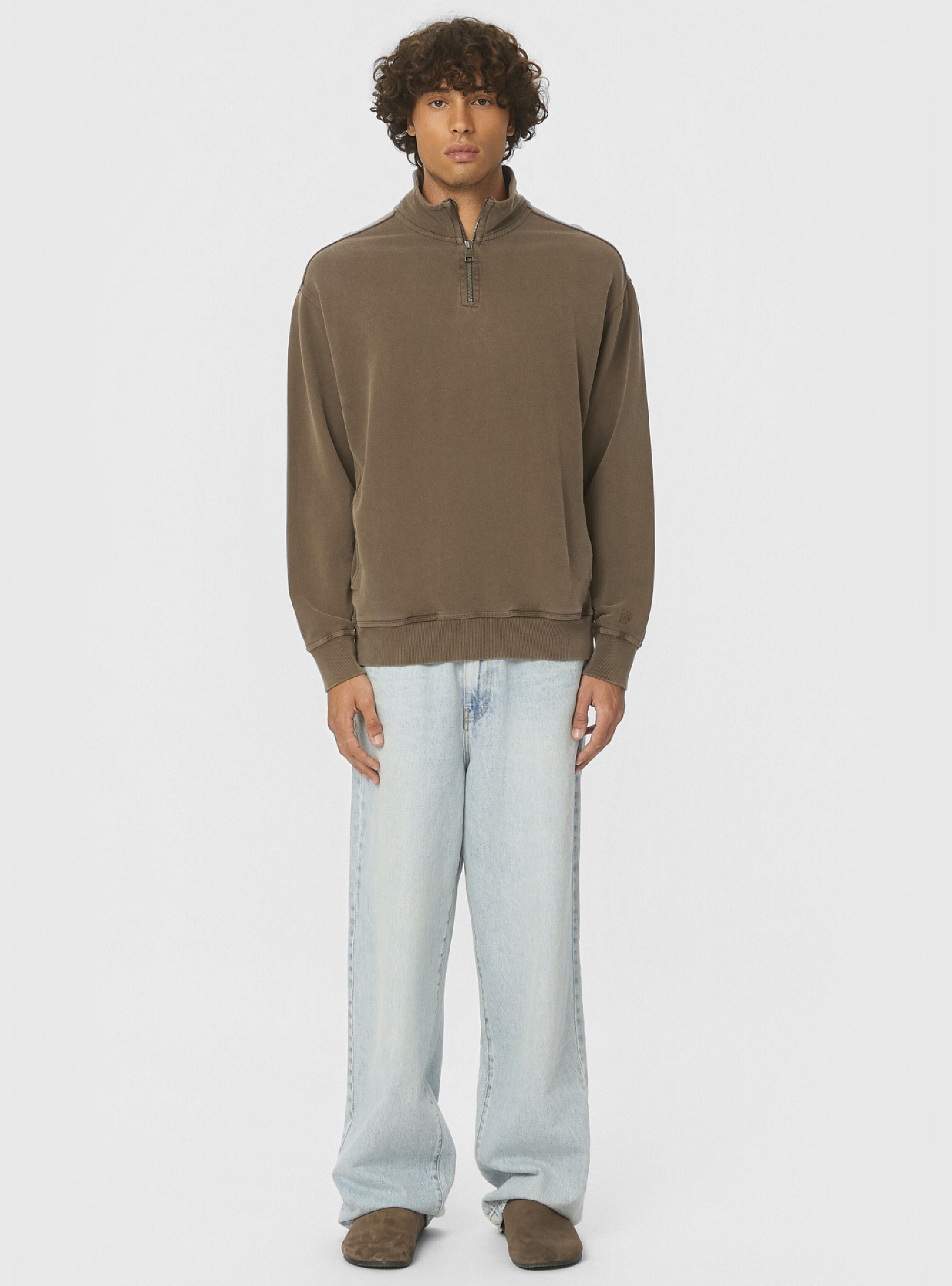 Dirty Laundry Dropped Shoulder Half-Zip Crewneck - Light Brown