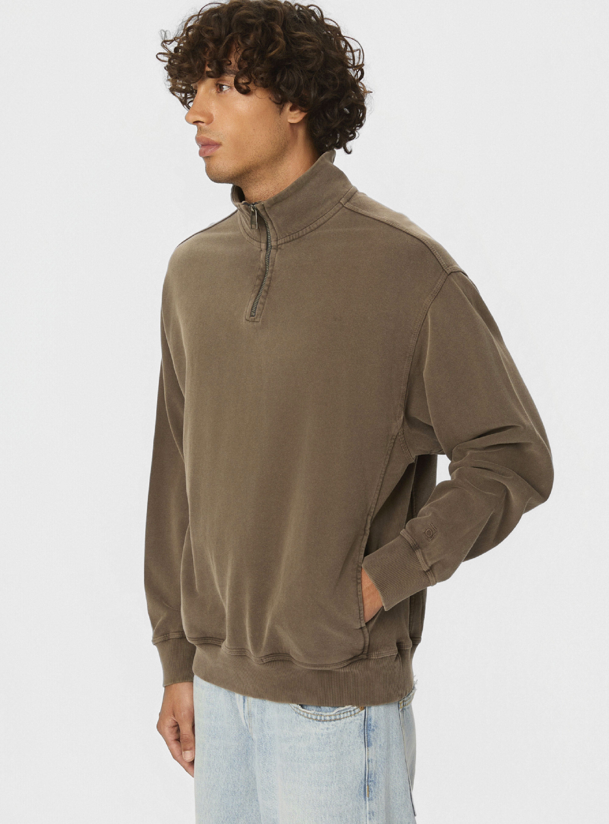 Dirty Laundry Dropped Shoulder Half-Zip Crewneck - Light Brown