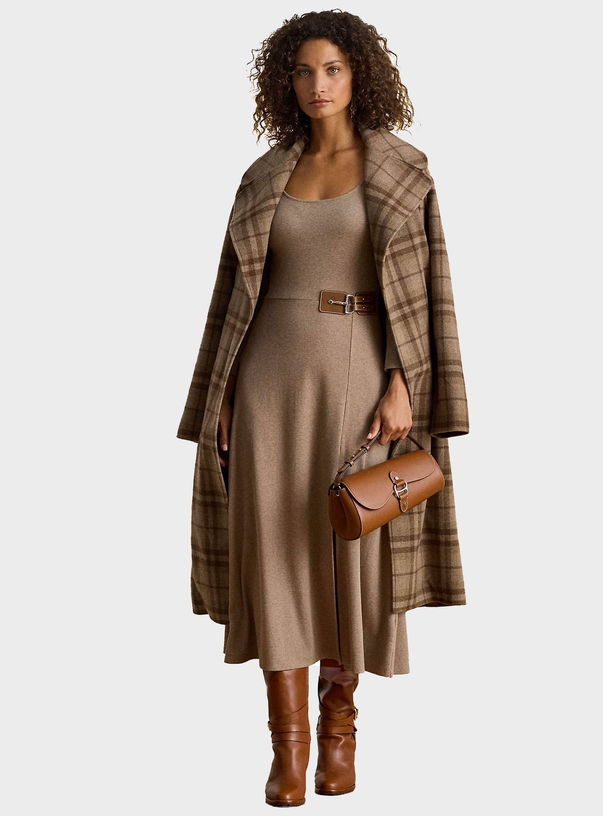 LAUREN Ralph Lauren Buckle-Trim Rib-Knit Midi Dress - Beige