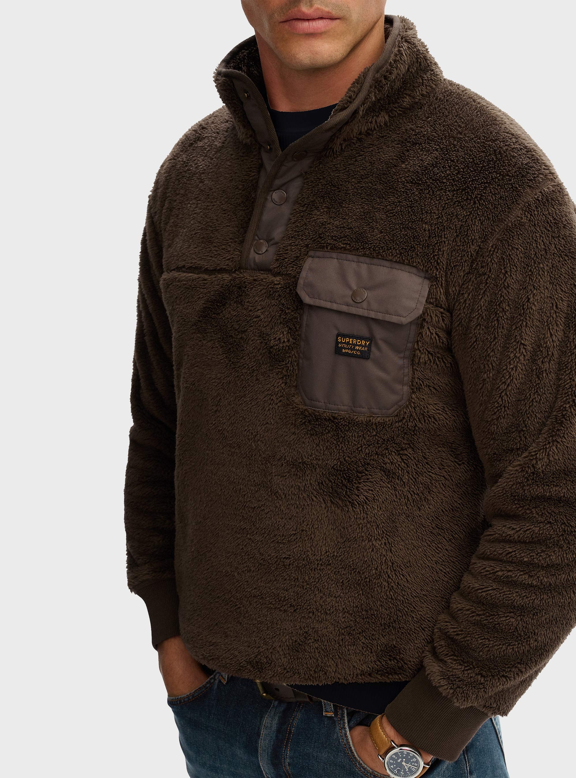 Superdry High Pile Fleece Henley Jumper - Brown