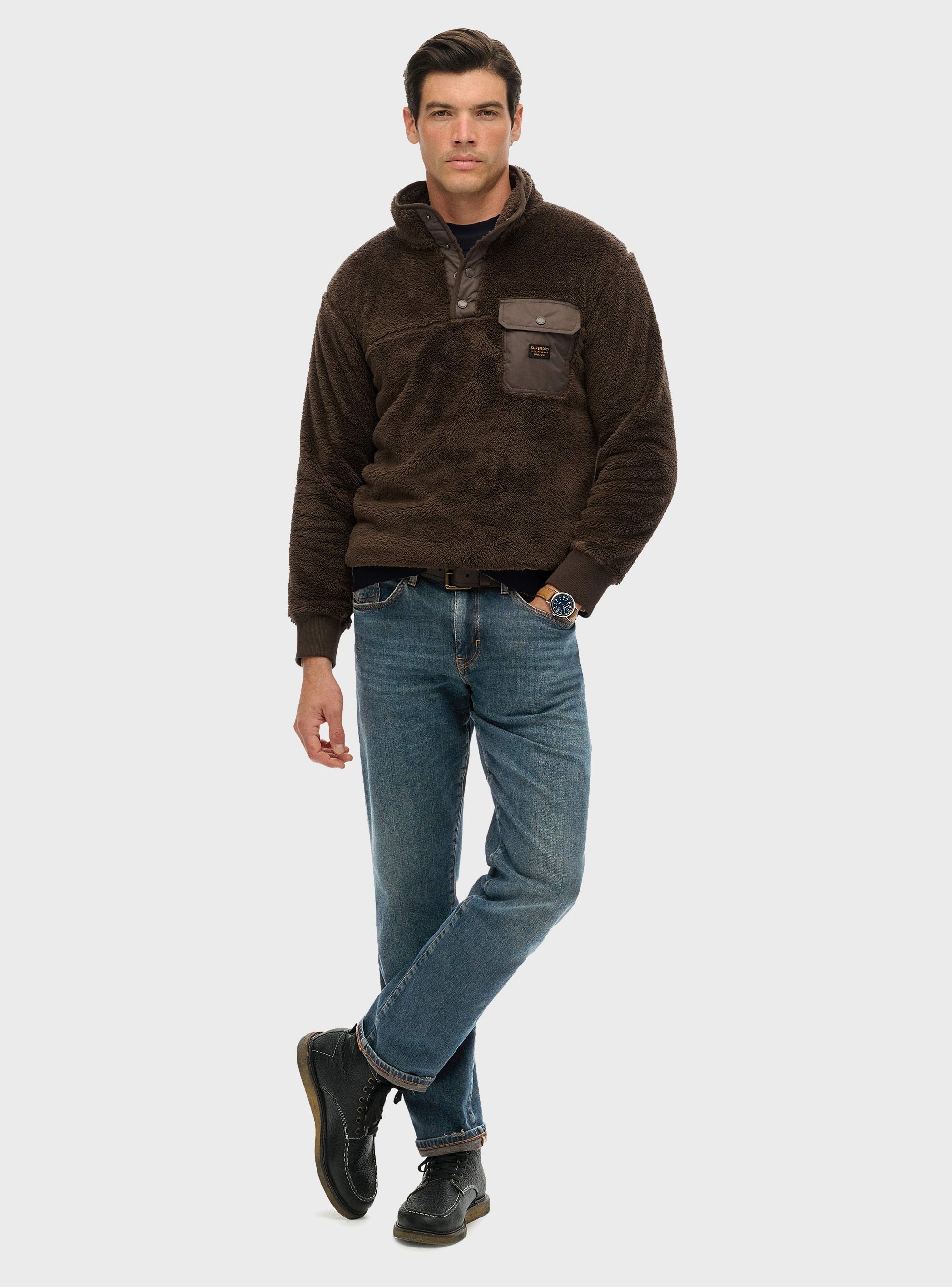 Superdry High Pile Fleece Henley Jumper - Brown