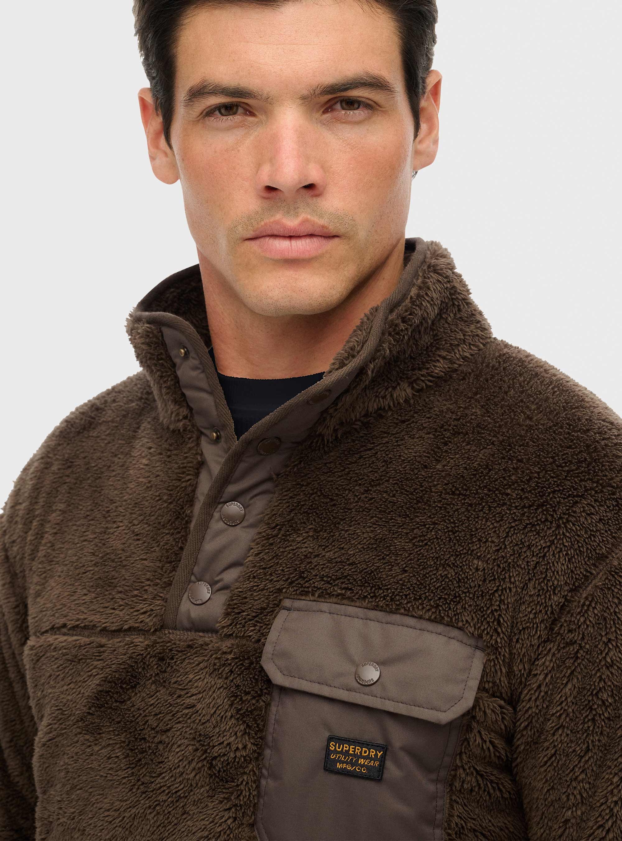 Superdry High Pile Fleece Henley Jumper - Brown
