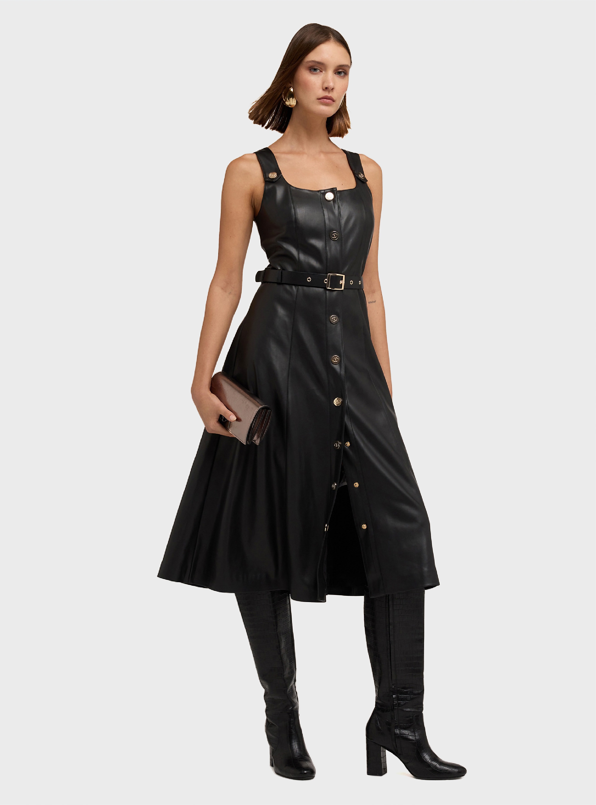 Motivi Flare dress with belt in coated fabric - Black