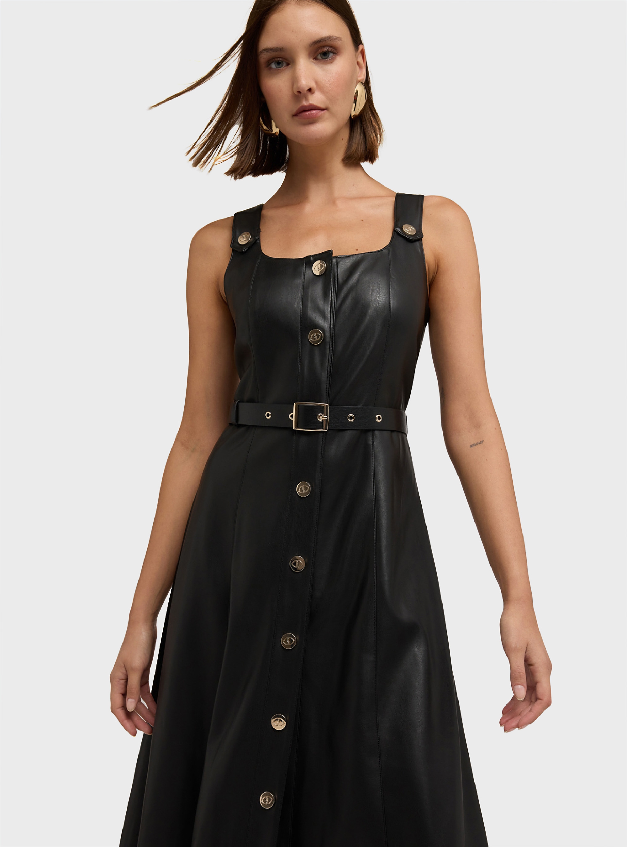 Motivi Flare dress with belt in coated fabric - Black