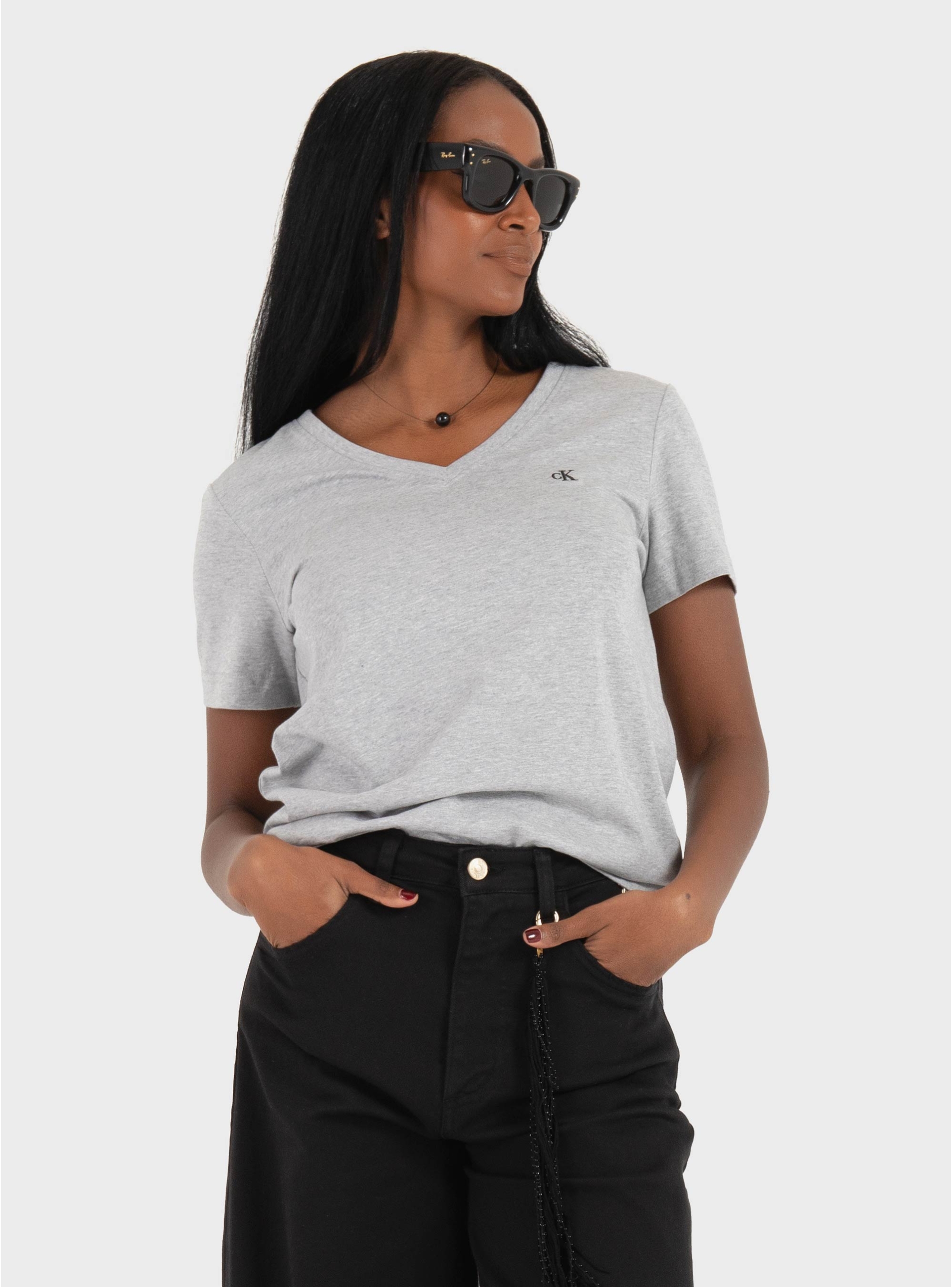 Calvin Klein Relaxed Monogram V-Neck T-shirt - Grey Melange