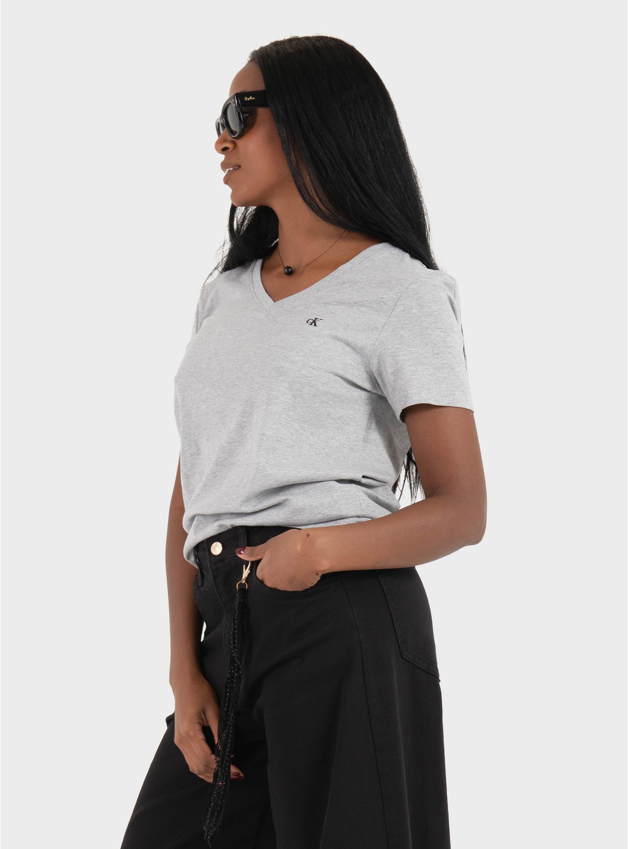 Calvin Klein Relaxed Monogram V-Neck T-shirt - Grey Melange