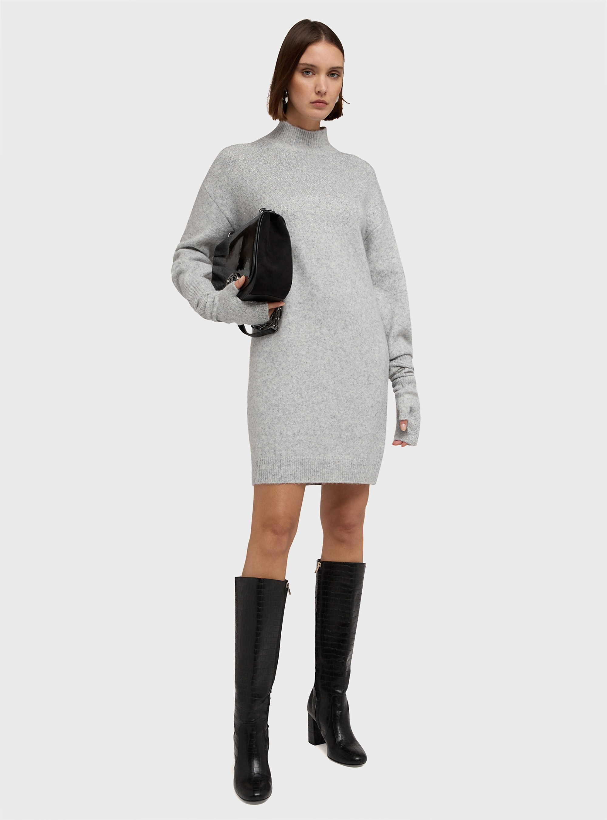 Motivi Regular Knit Dress With Rhinestones - Light Grey