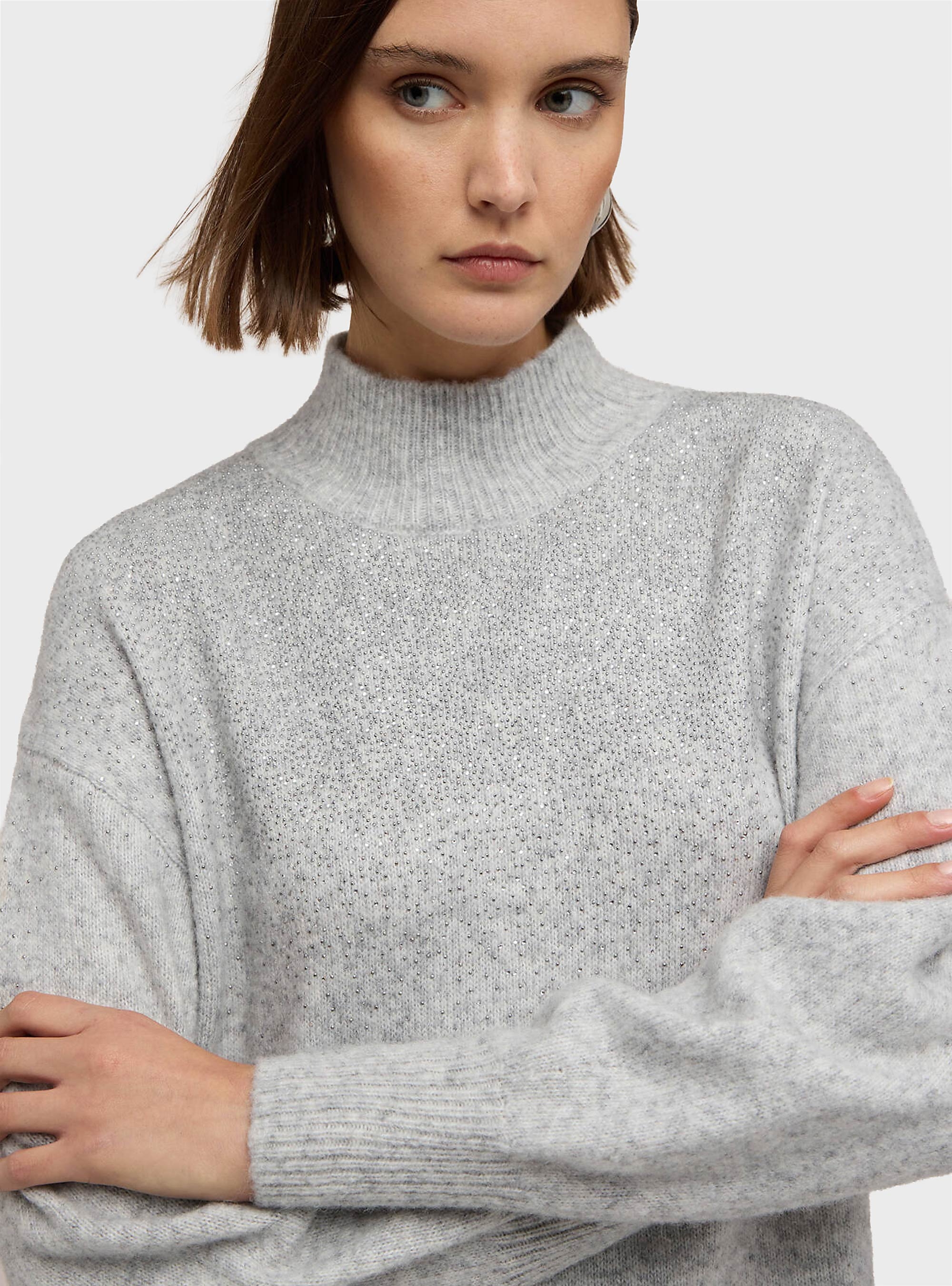 Motivi Regular Knit Dress With Rhinestones - Light Grey