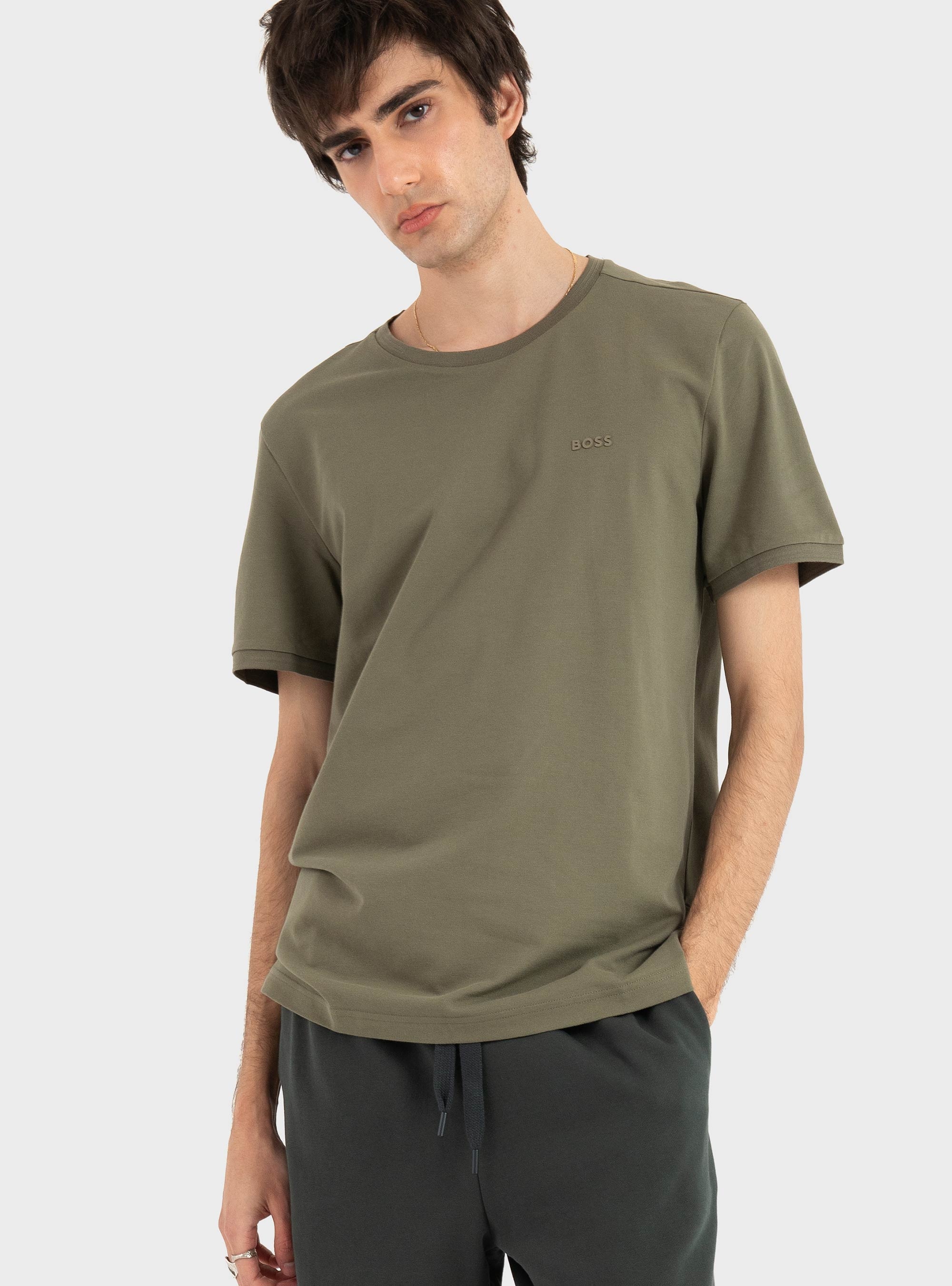BOSS Stretch-Cotton T-Shirt With Stripes And Logo  Taul - Olive 