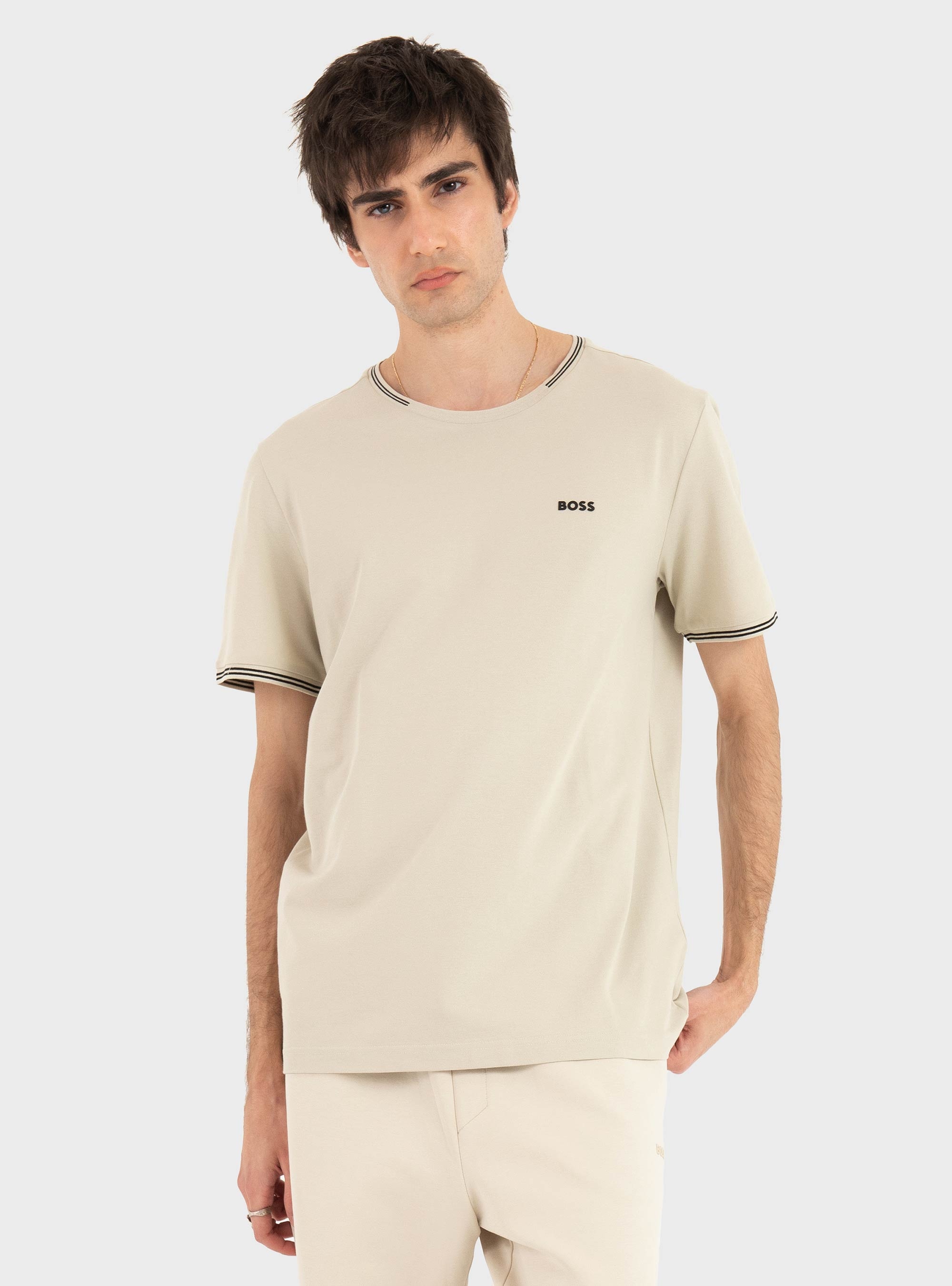 BOSS Stretch-Cotton T-Shirt With Stripes And Logo  Taul - Light Beige
