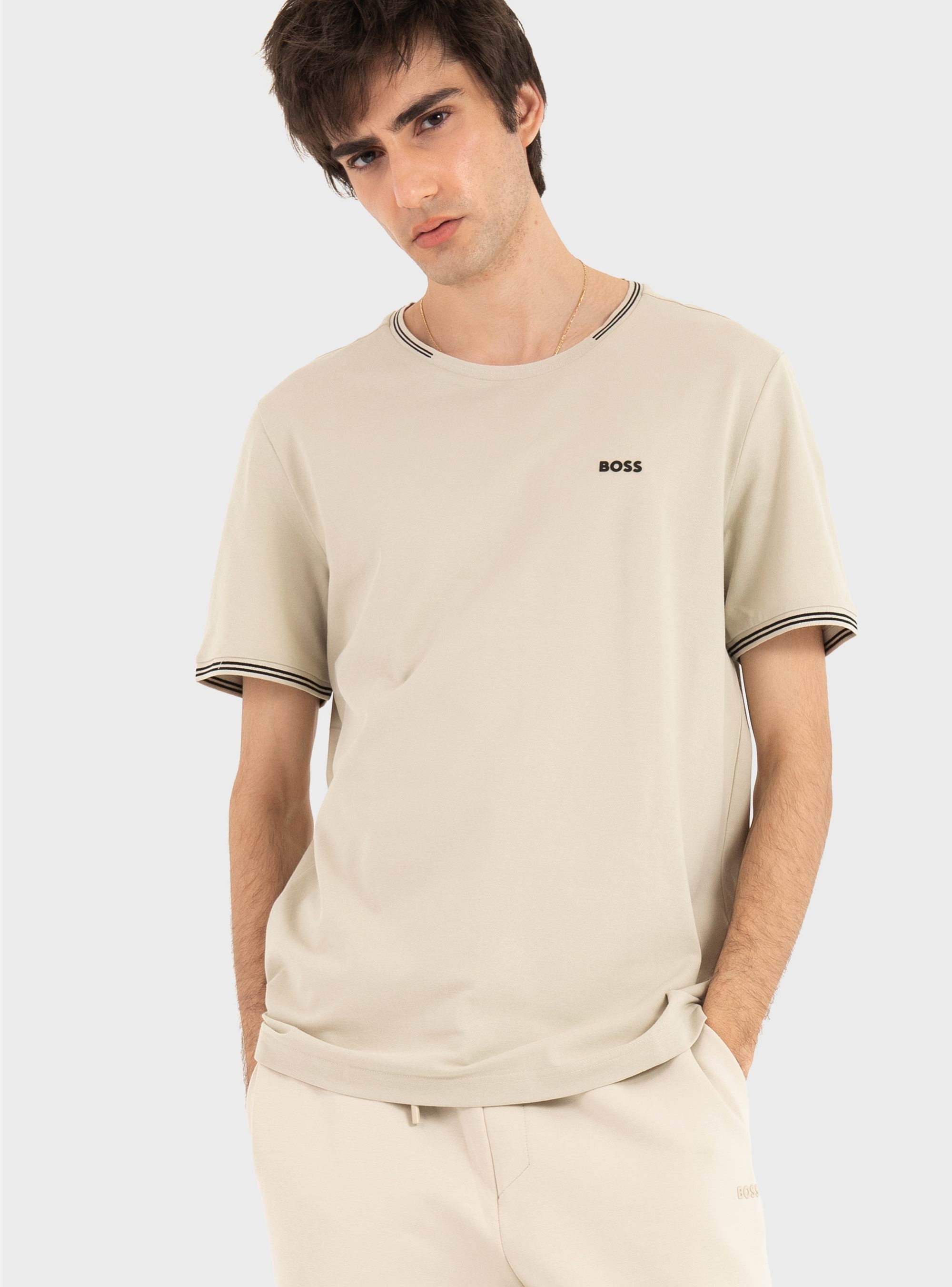 BOSS Stretch-Cotton T-Shirt With Stripes And Logo  Taul - Light Beige
