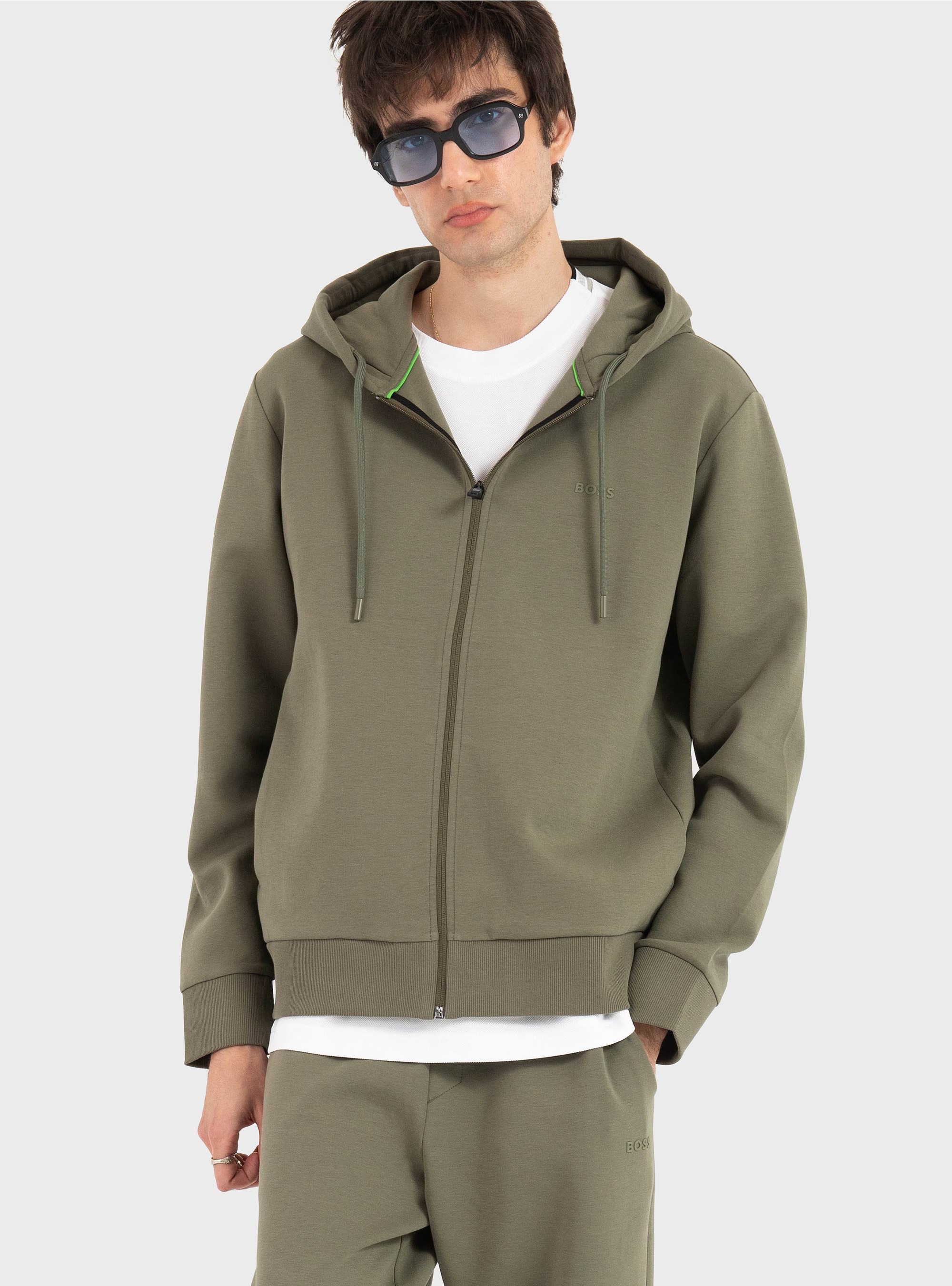 BOSS Zip-Up Hoodie In Stretch Cotton With Logo Detail  Saggy - Olive 