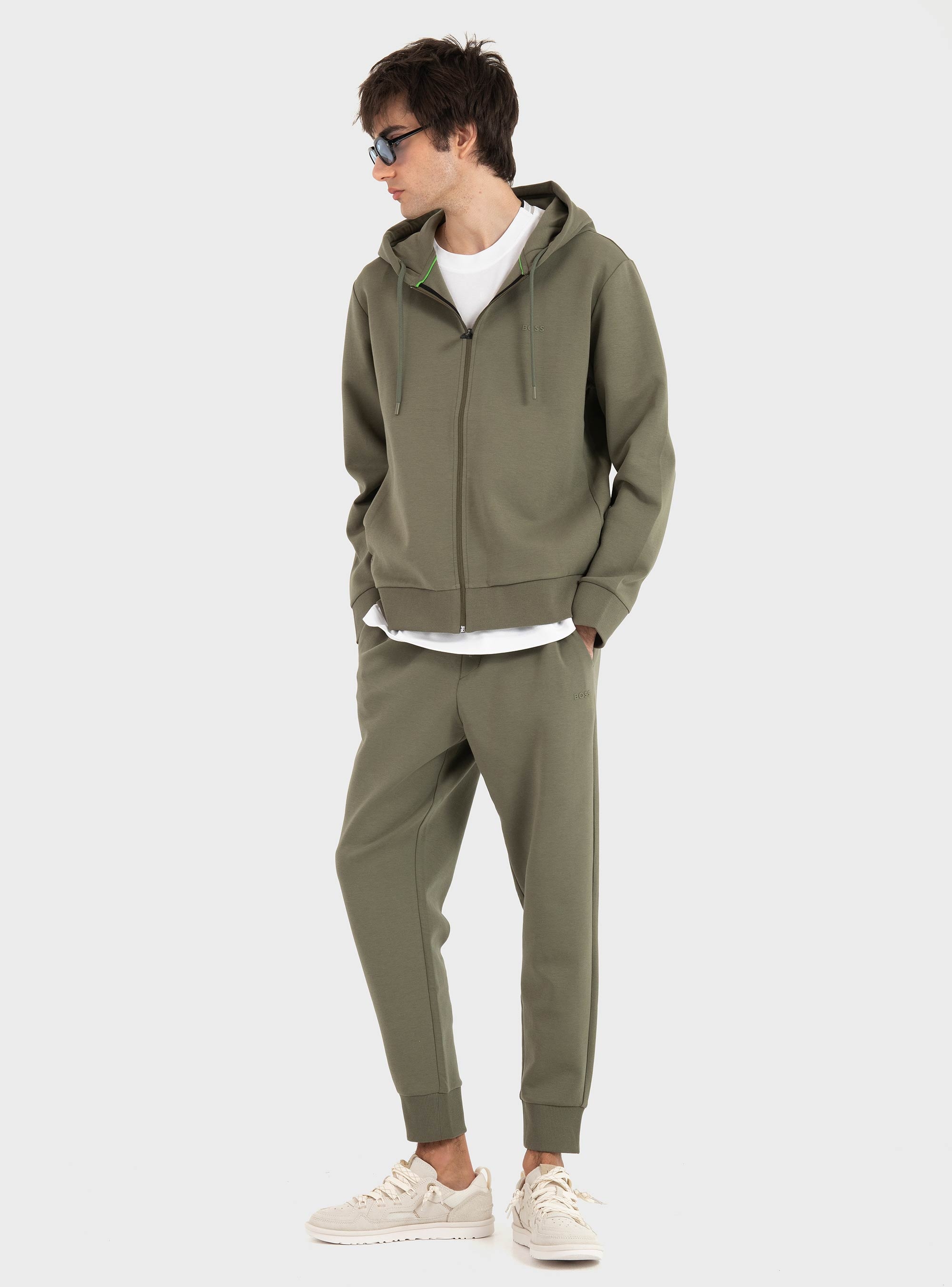 BOSS Zip-Up Hoodie In Stretch Cotton With Logo Detail  Saggy - Olive 