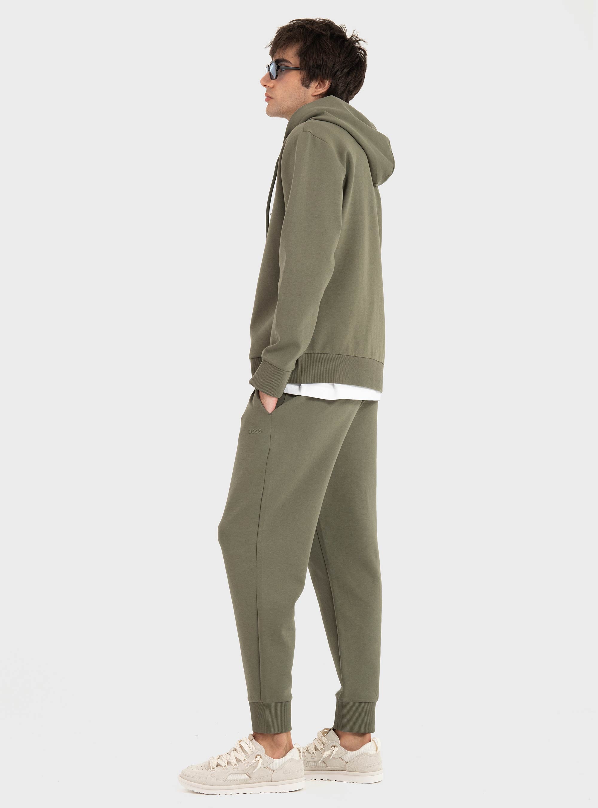 BOSS Zip-Up Hoodie In Stretch Cotton With Logo Detail  Saggy - Olive 