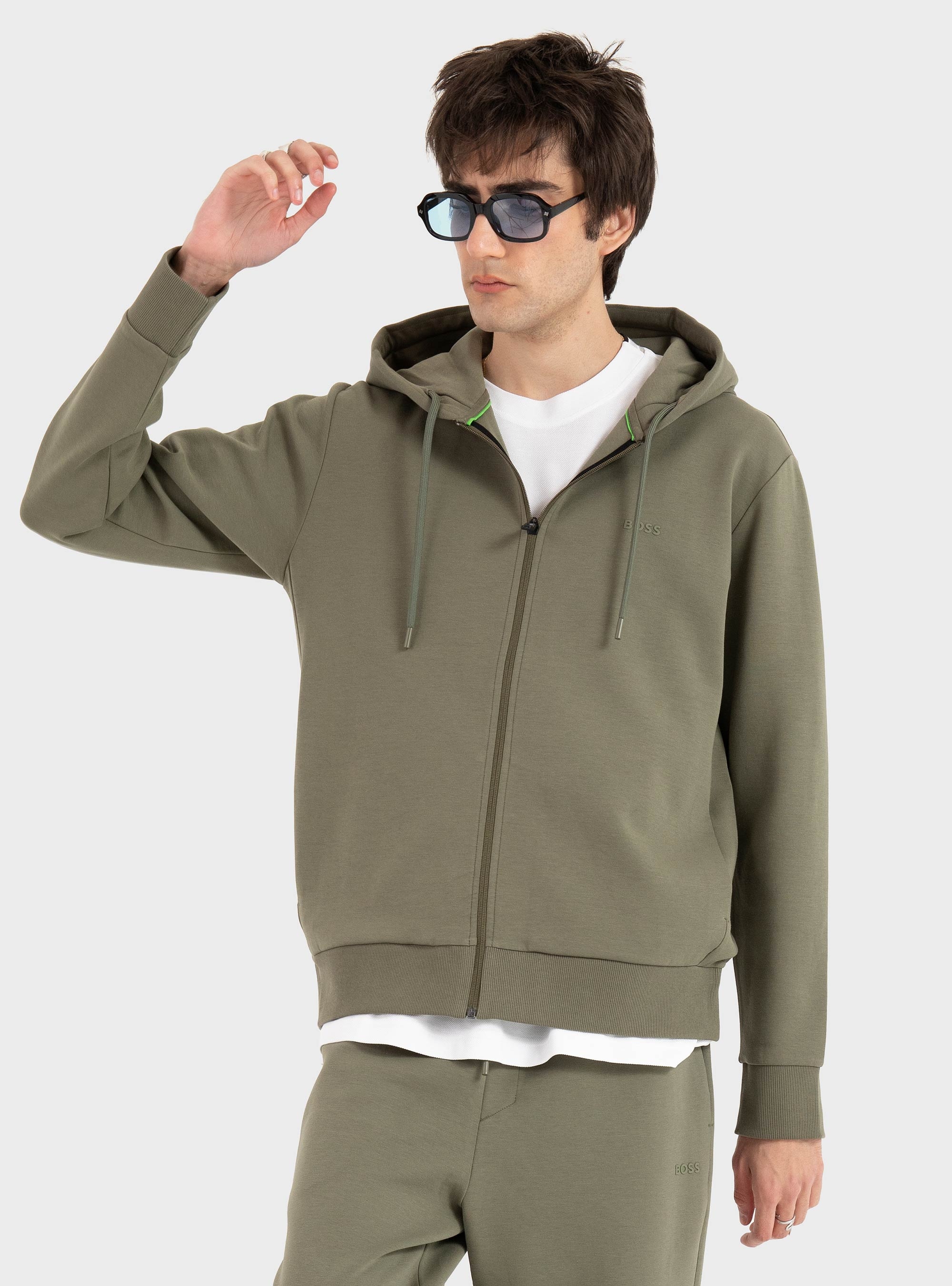 BOSS Zip-Up Hoodie In Stretch Cotton With Logo Detail  Saggy - Olive 