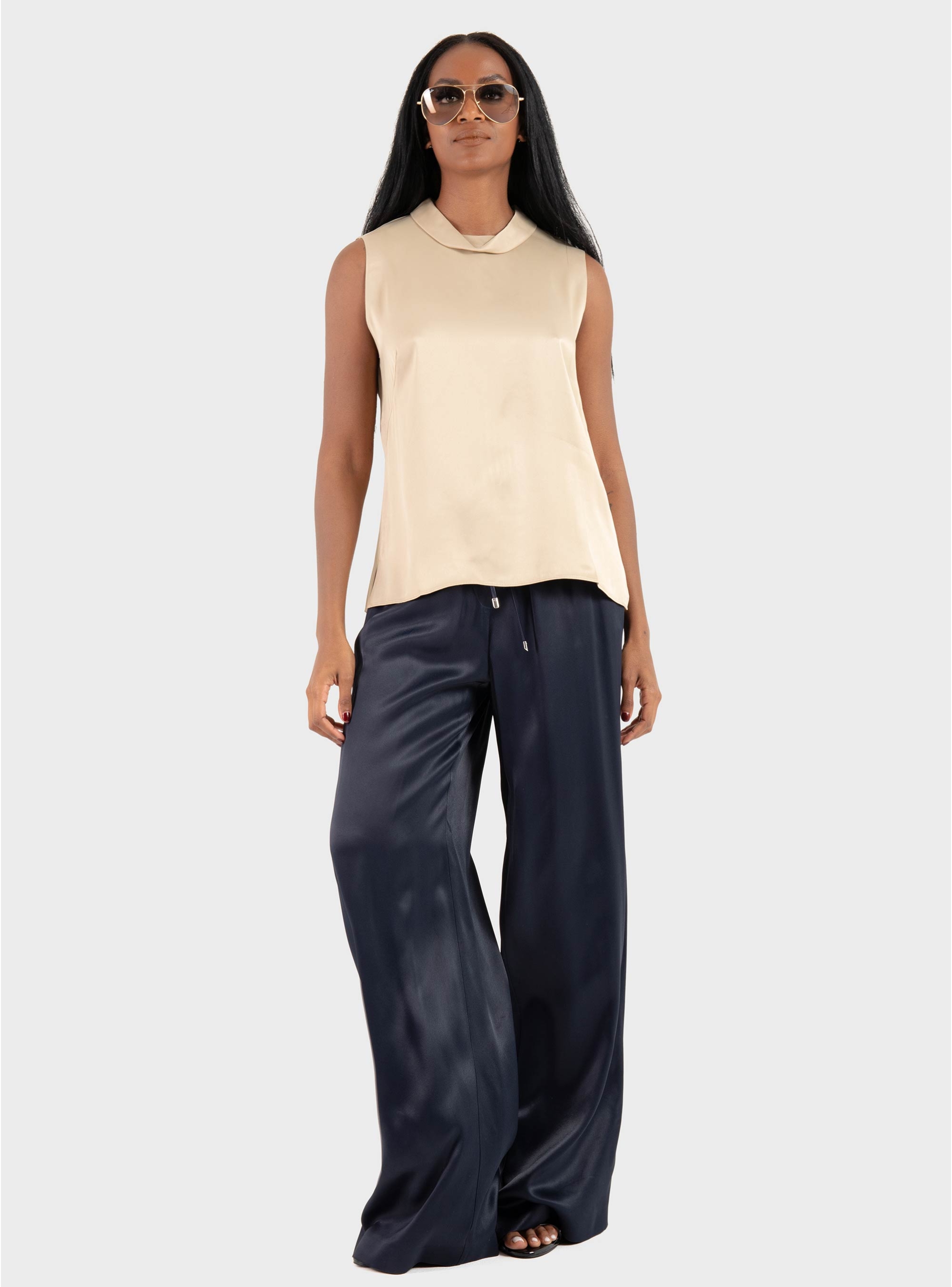 BOSS Extra-Long Relaxed-Fit Trousers In Satin Tavati - Dark Blue