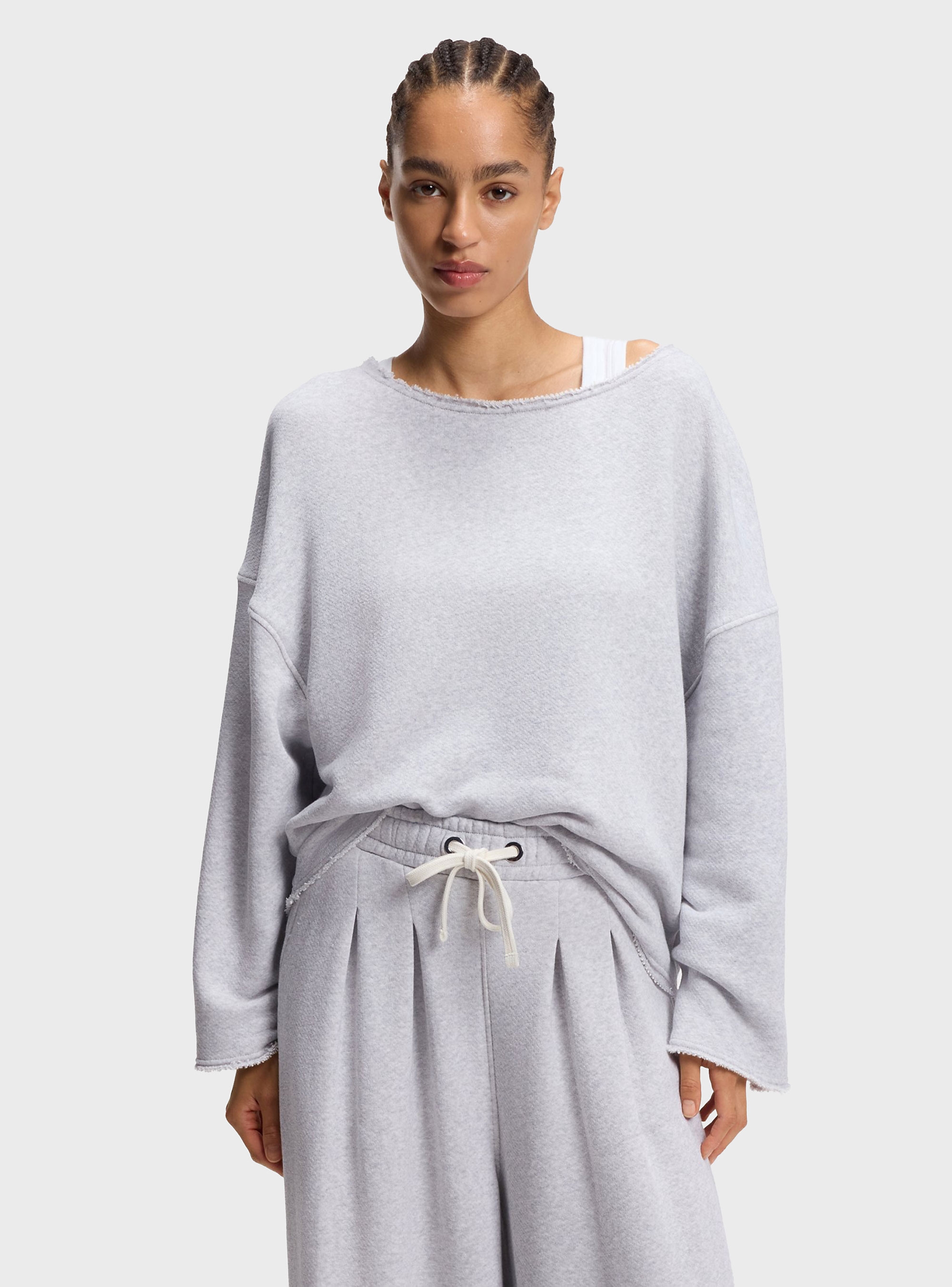BOSS Loose-Fit Cotton-Blend Sweatshirt With Raw-Cut Edges C_Enely - Light Grey Melange