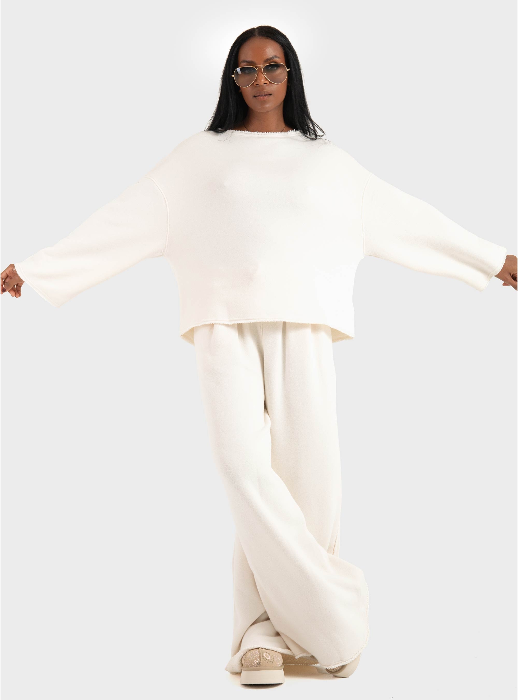 BOSS Loose-Fit Cotton-Blend Sweatshirt With Raw-Cut Edges C_Enely - Ecru